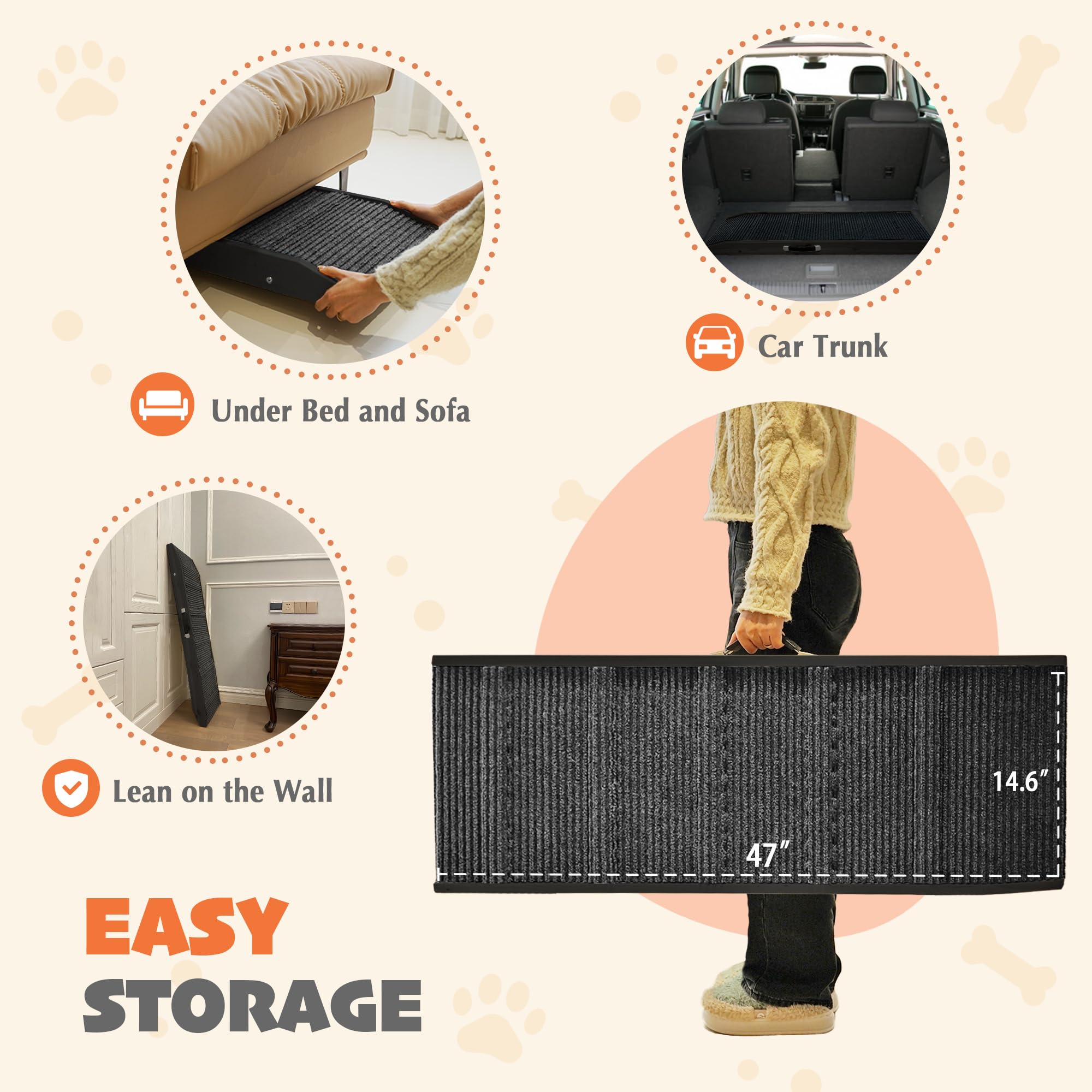 PETKARAY Dog Ramp for Bed, Indoor Dog Step for Couch, Folding Portable Stairs for Small Medium Large Dogs, 47 Long Adjustable He