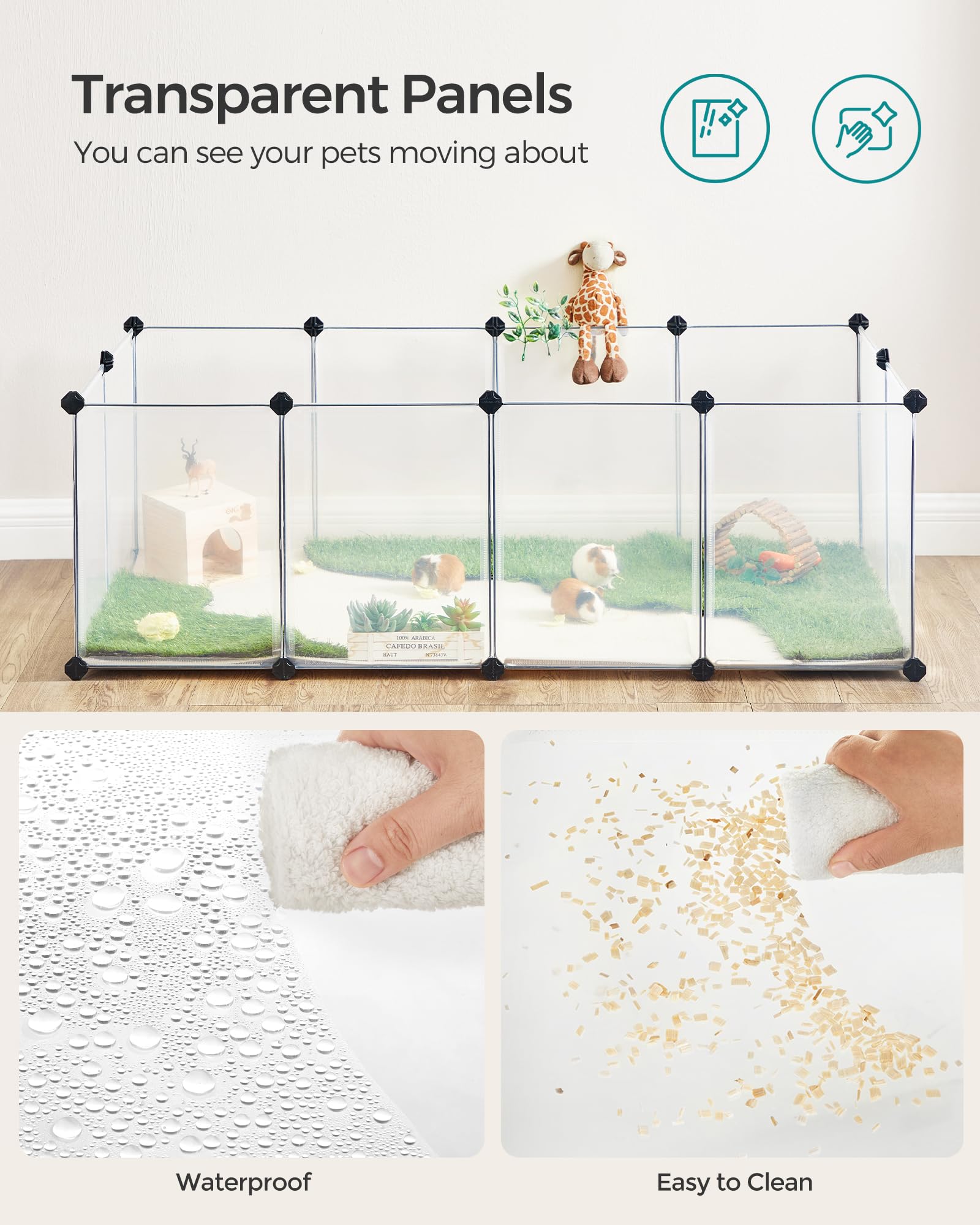 Songmics Pet Playpen With Floor, Small Animal Pen, Pet Fence Indoor, Diy Plastic Enclosure For Hamsters, Rabbits, Hedgehogs, Ferrets, 56.3 X 28.7 X 18.1 Inches, White Ulpc02W