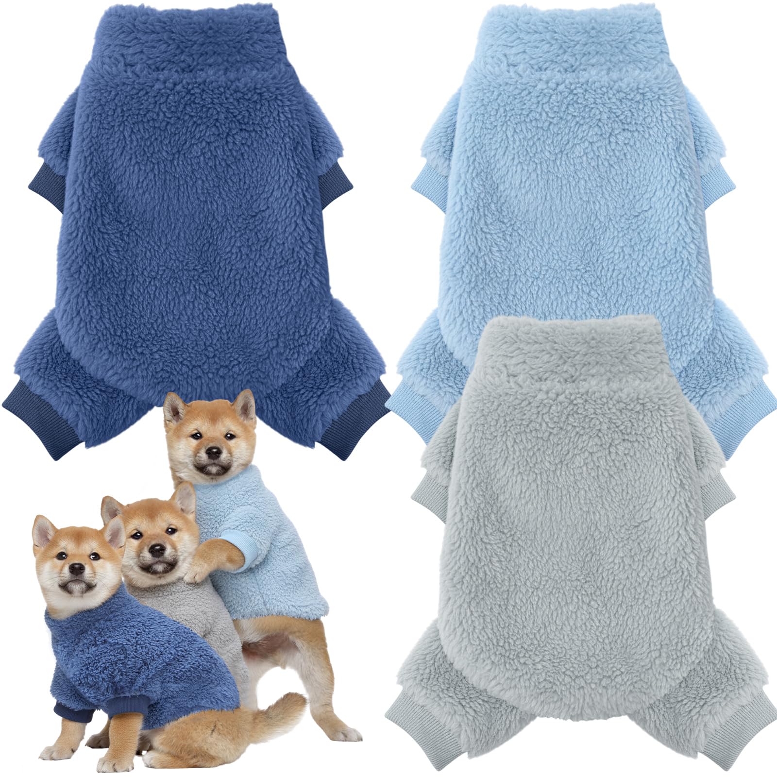 Reginary 3 Pieces Dog Pajamas Puppy Clothes Winter Coats Elastic Pajamas for Puppy Fluffy Jumpsuit Fleece Sweater for 4 Legs Dog