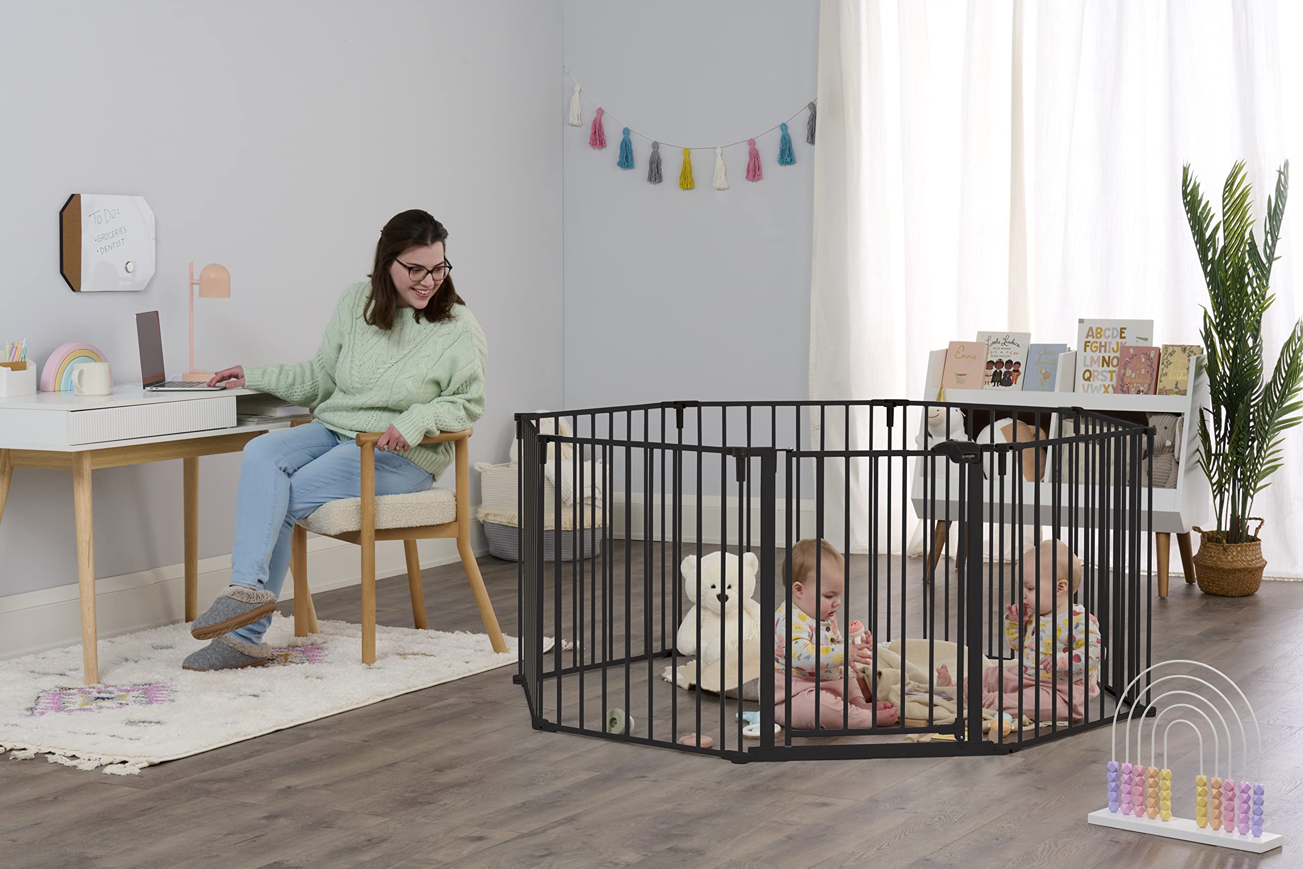 Regalo 192-Inch Super Wide Adjustable Baby Gate And Play Yard, Black, 4-In-1, Bonus Kit, Includes 4 Pack Of Wall Mounts