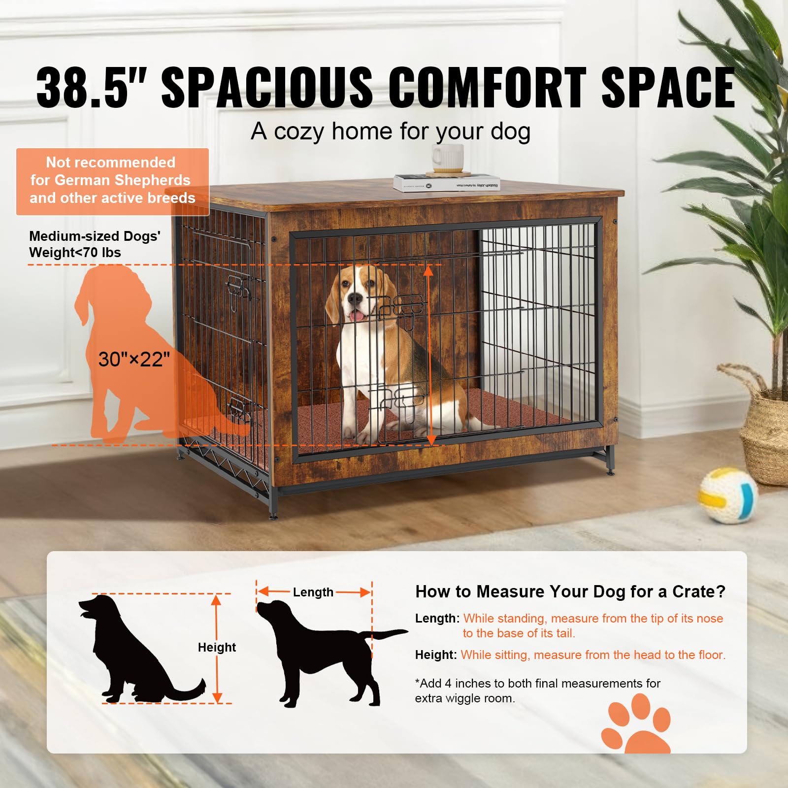 VEVOR Dog Crate Furniture, 38 inch Wooden Dog Crate with Double Doors, Heavy-Duty Dog Cage End Table with Multi-Purpose Removabl