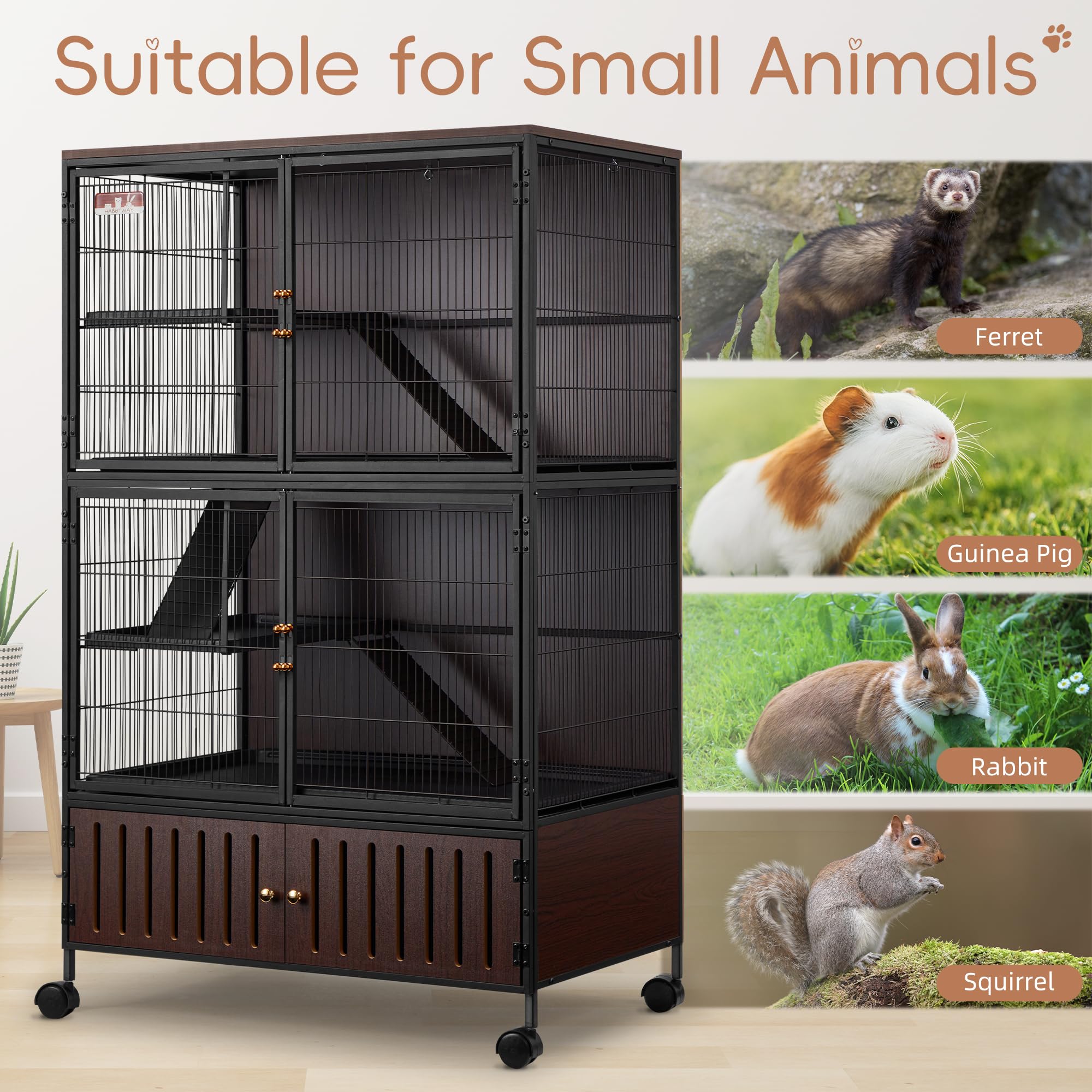 Habutway 60''H Metal Large Ferret Cage, Rolling Chinchilla Cage With Removable Ramps& Double Door, Critter Nation With Locker, S