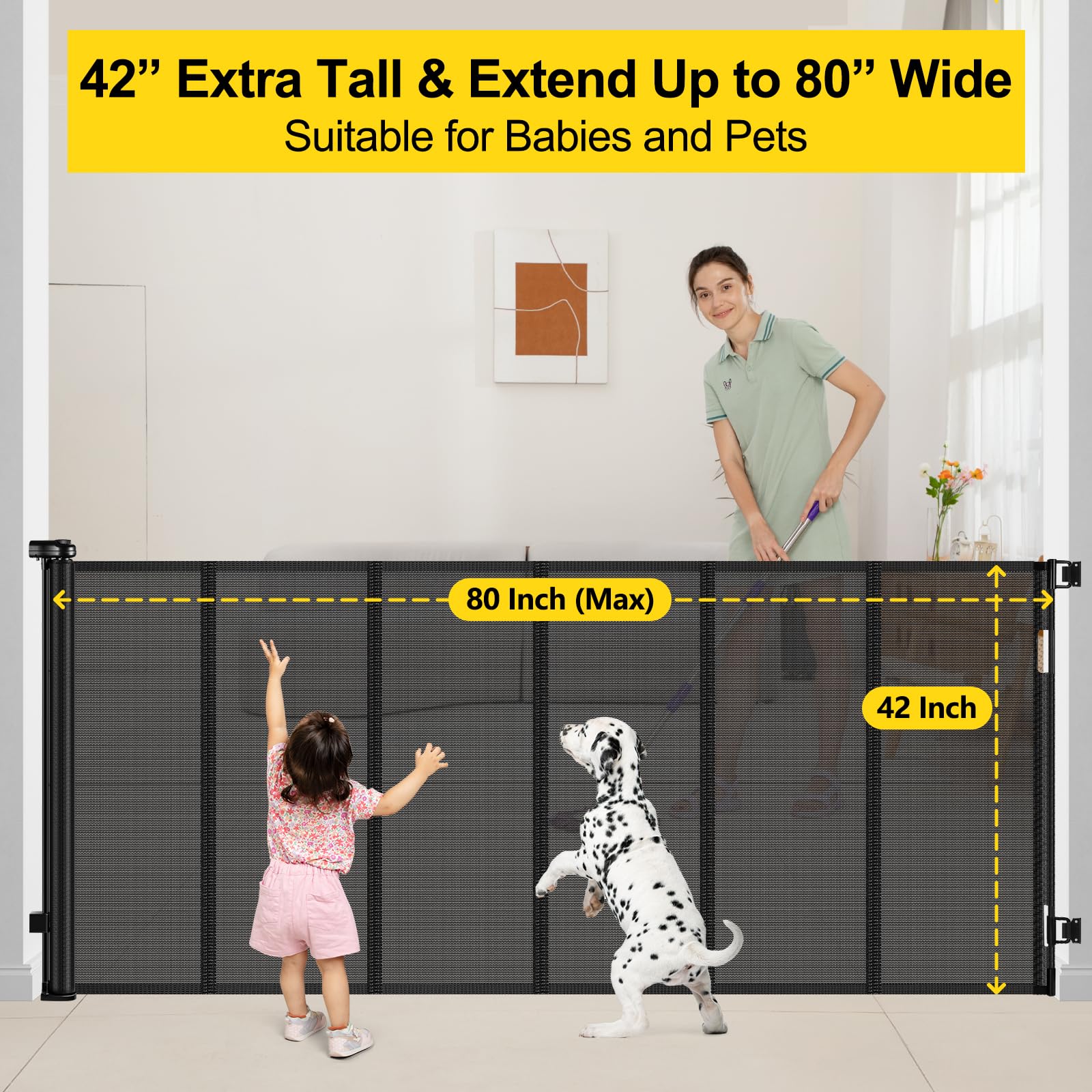Enhanced 42    Extra Tall & 80    Wide Retractable Baby Gates with Rods to Prevent Crawling Through, Extra Tall Pet Gate for Lar
