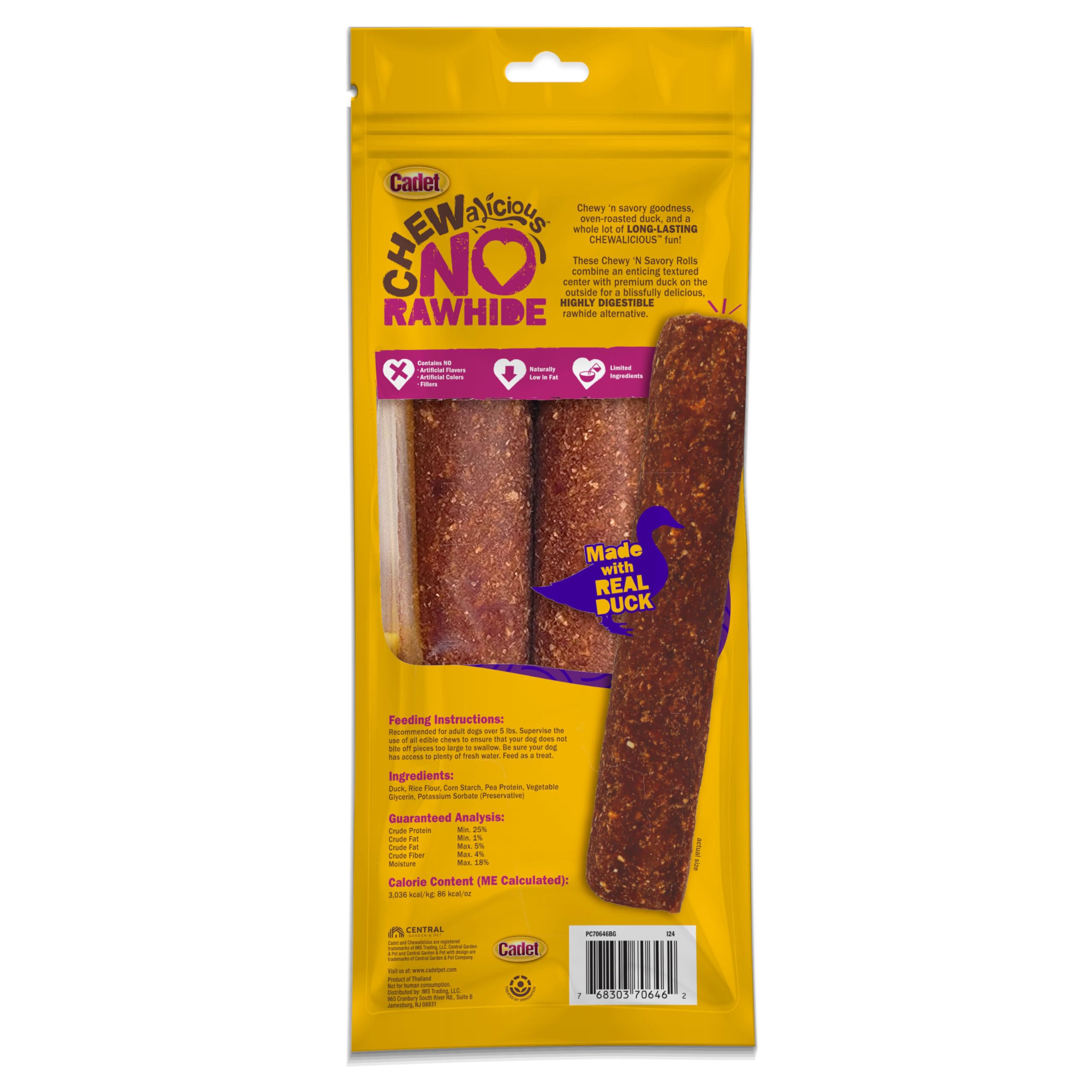 Cadet Chewalicious Chewy N Savory Rolls with Real Duck, Rawhide-Free Healthy Dog Chews, Limited-Ingredient Dog Treats & Long-La