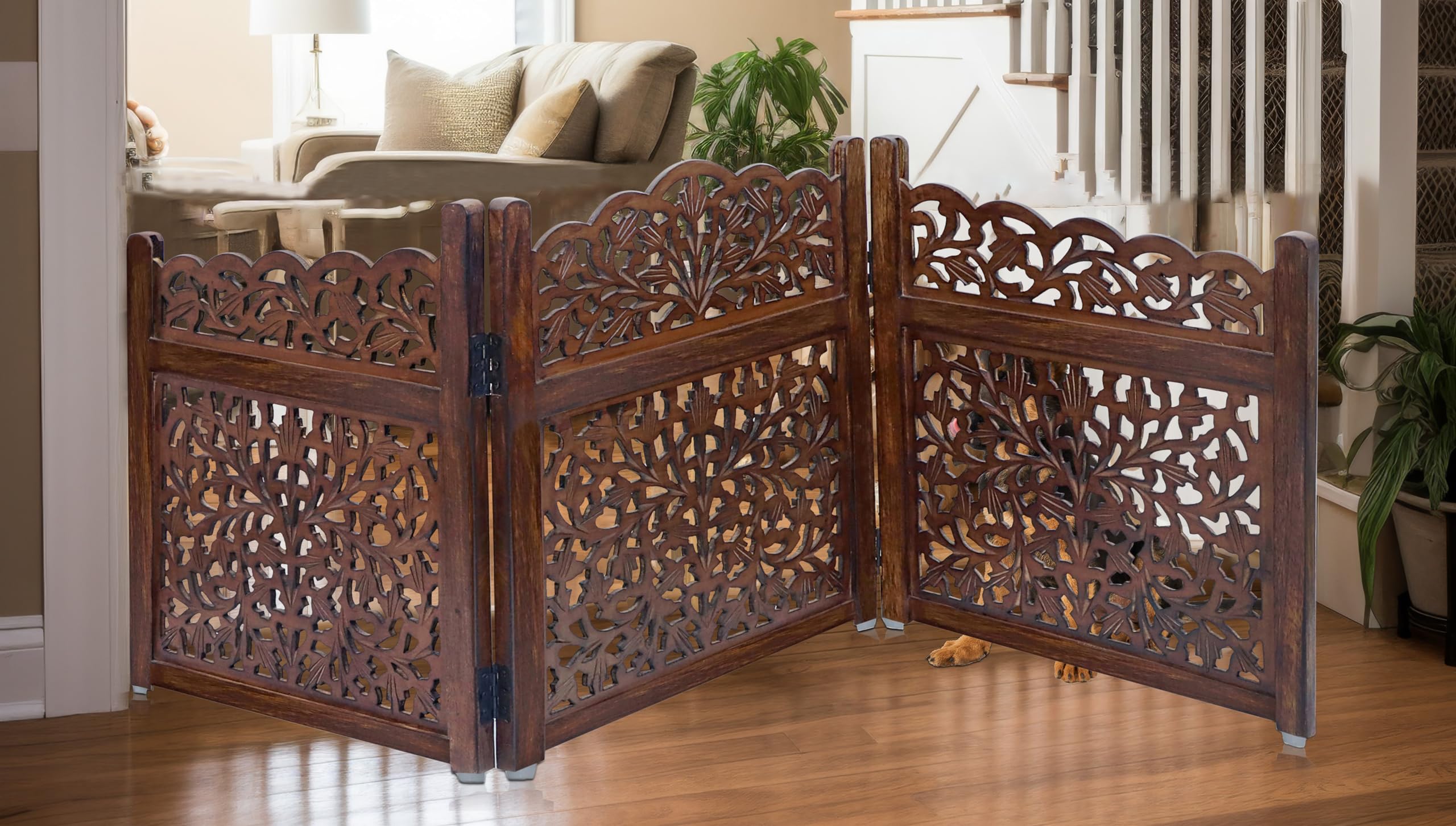 Wooden Foldable Pet Dog Safety Gate - 3 Panel 20' W X 24' H - Hand Carved Mahanadi Free Standing Portable Indoor Puppy Gate -