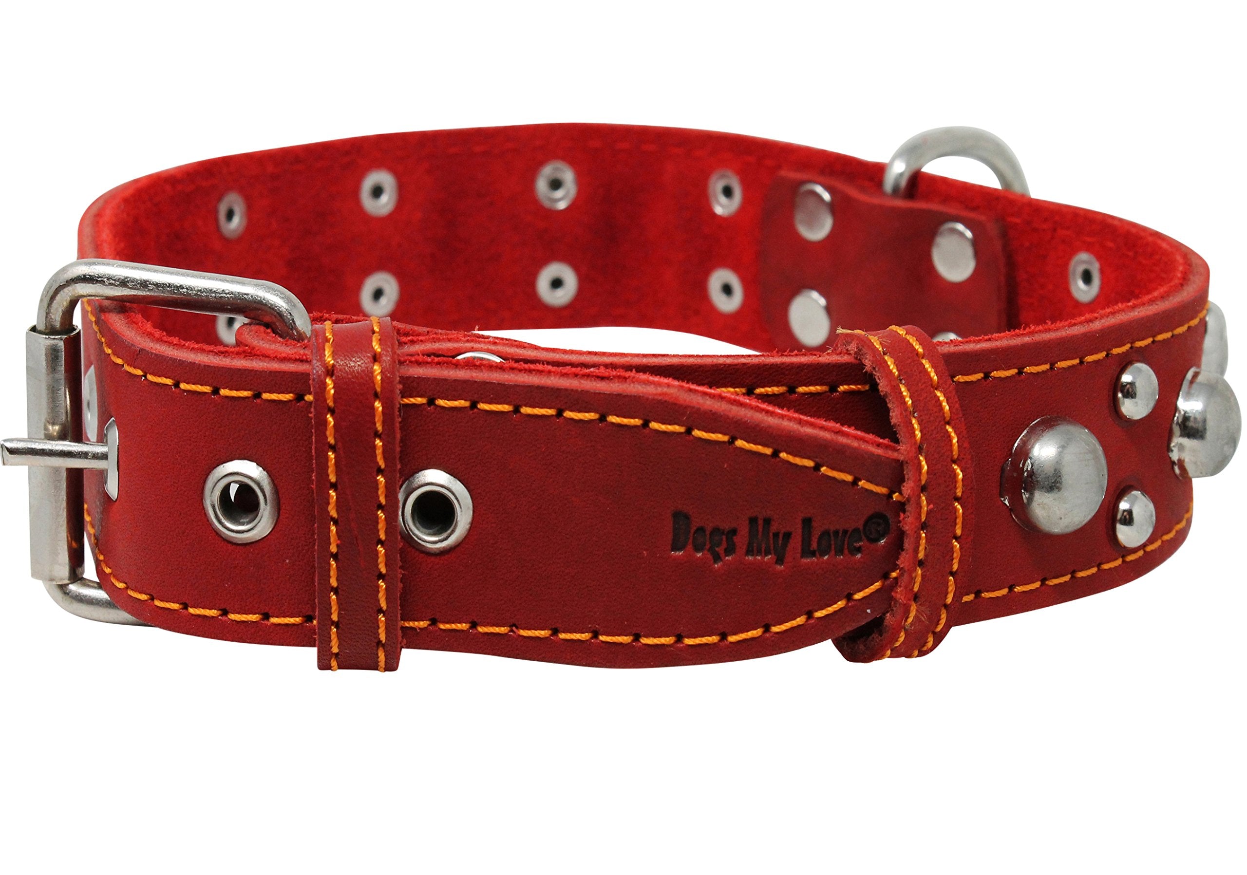 Red Real 1.5 Wide Thick Leather Studded Dog Collar. Fits 17-21.5 Neck, Large Breeds.