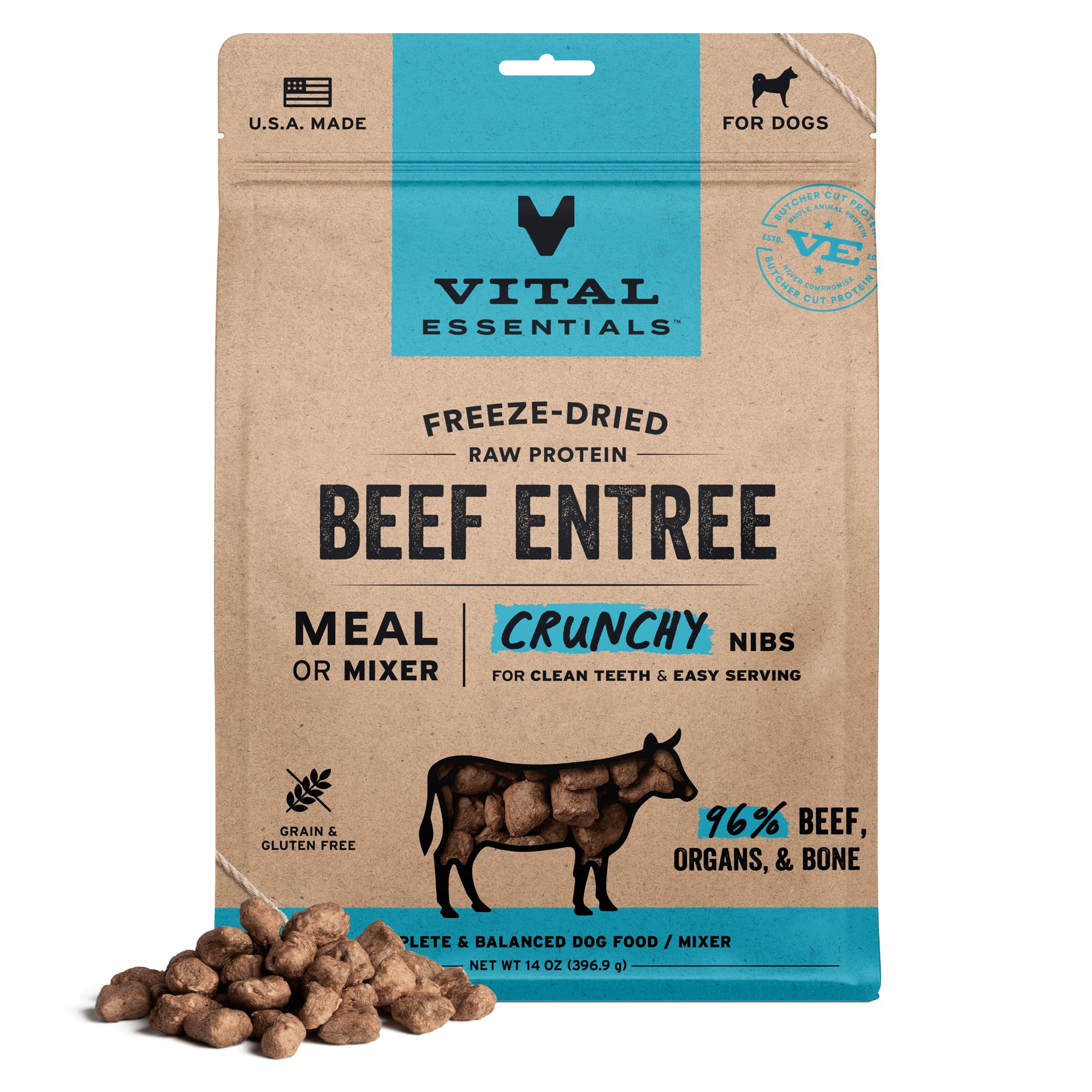 Vital Essentials Freeze-Dried Raw Dog Food, Beef Crunchy Nibs | Complete Meal or Mixer | High Protein Dog Food | 14 oz