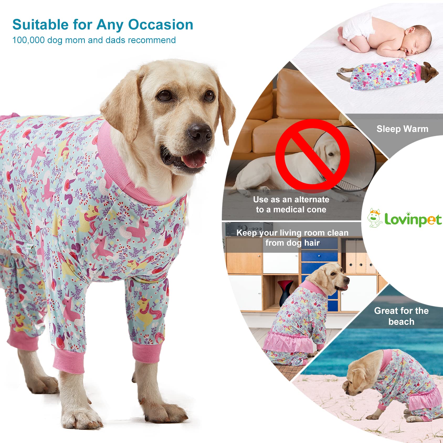 Lovinpet Large Breed Dog Pajamas Onesie - Lightweight Stretchy Knit Dog Jammies, Unicorn Seafoam Print Dog Pj'S, Large Dog Onesi
