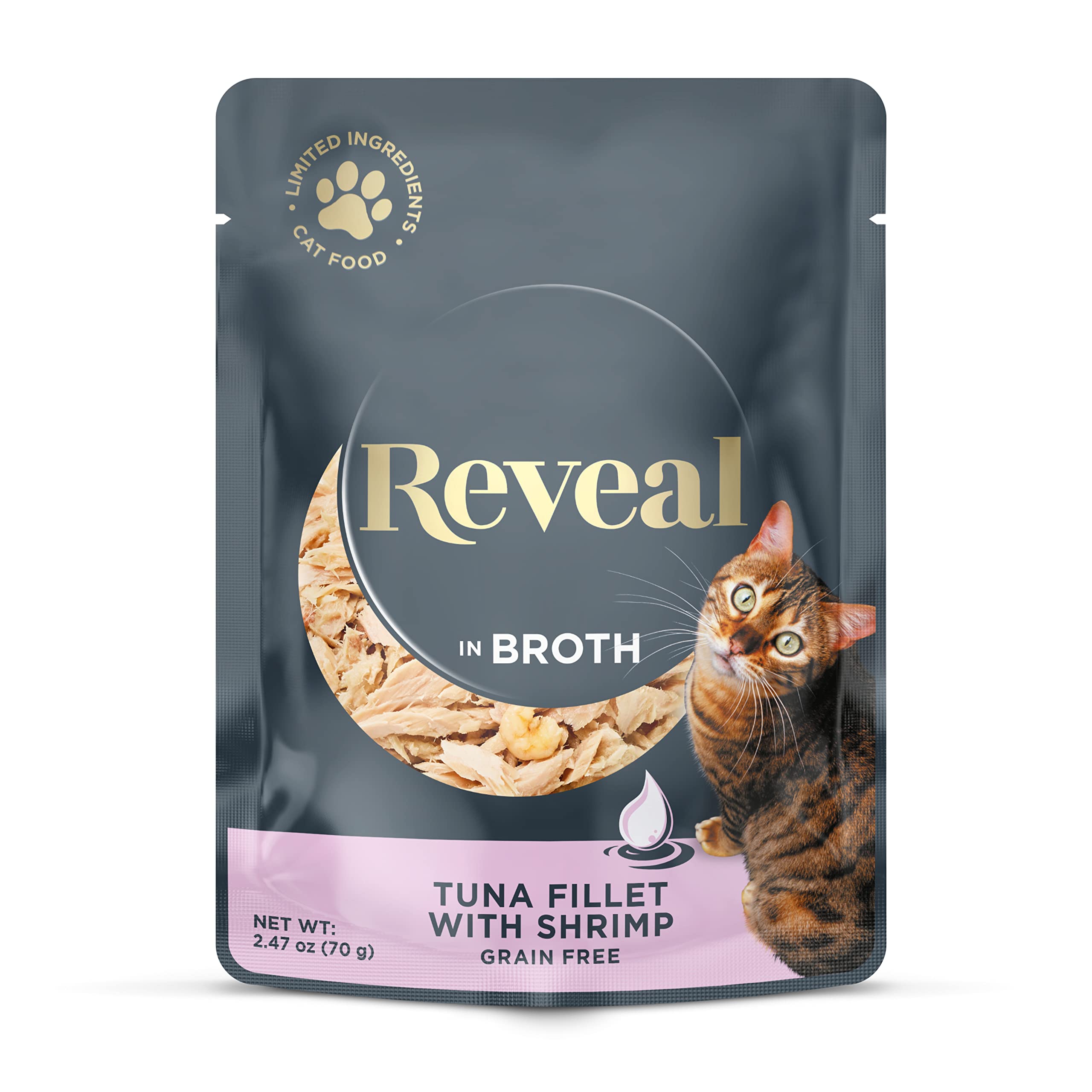 Reveal Natural Wet Cat Food, 12 Count, Grain Free, Limited Ingredient Cat Food Pouches, Tuna with Shrimp in Broth, 2.47 oz Pouch
