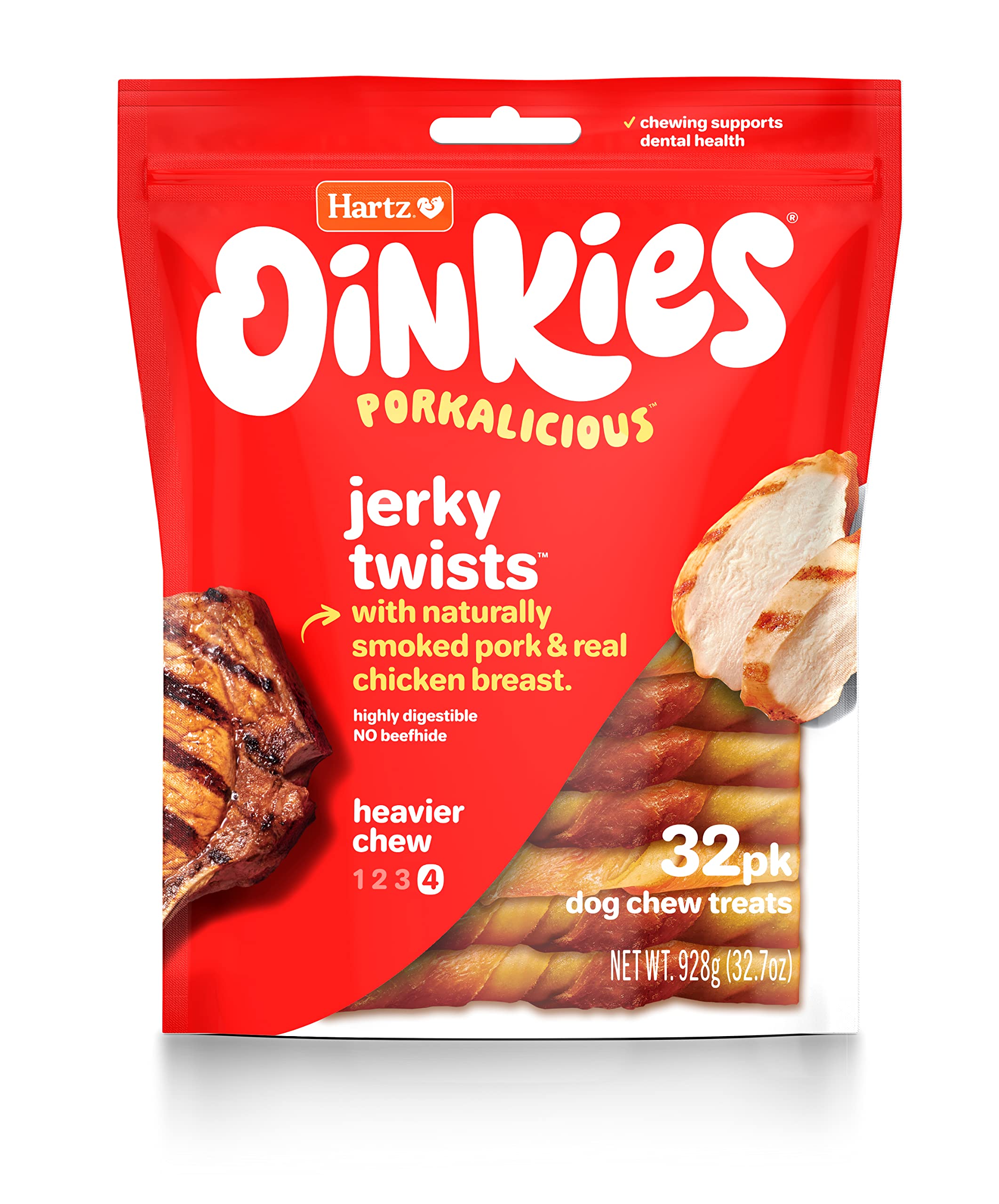 Hartz Oinkies Jerky Twists with Naturally Smoked Pork & Real Chicken Breast Dog Treats, Highly Digestible Long Lasting Dog Chews