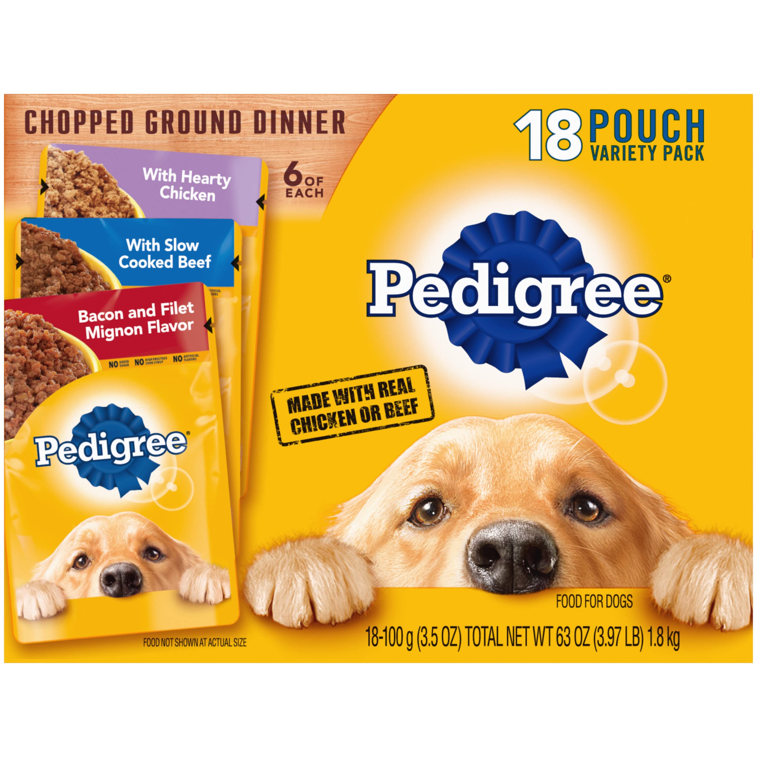 PEDIGREE CHOPPED GROUND DINNER Adult Soft Wet Dog Food 18-Count Variety Pack, 3.5 oz Pouches