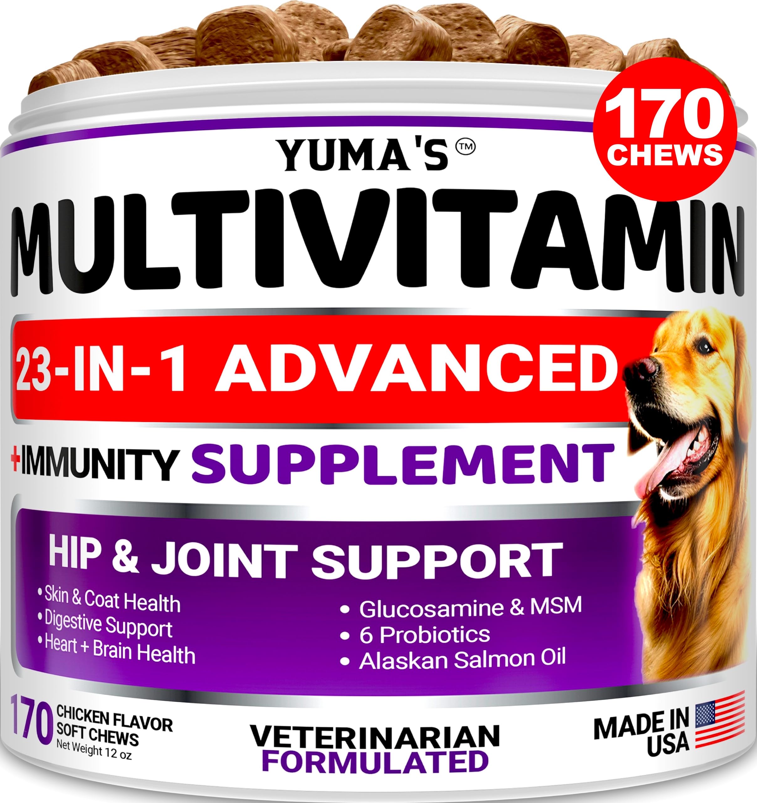 Dog Multivitamin Chewable with Glucosamine - Dog Vitamins and Supplements - 170 Treats - Senior & Puppy Multivitamin for Dogs - 