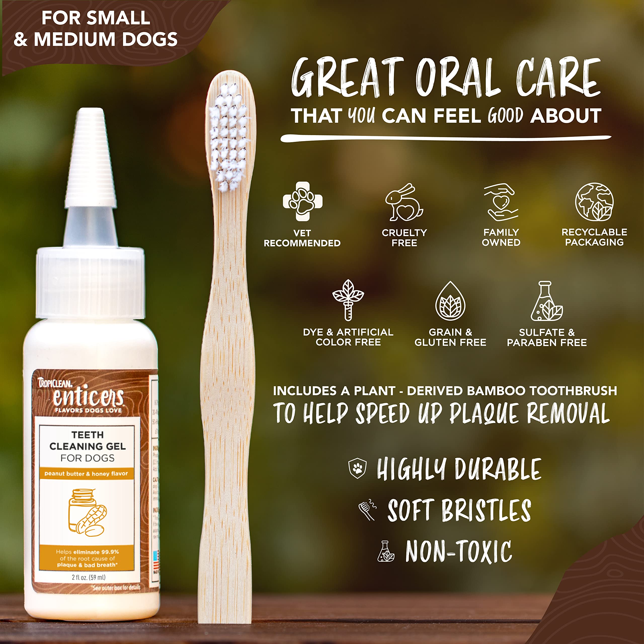 TropiClean Enticers Teeth Cleaning Gel & Toothbrush for S/M Dogs | Peanut Butter & Honey | Bamboo Brush Speeds Up Plaque Removal