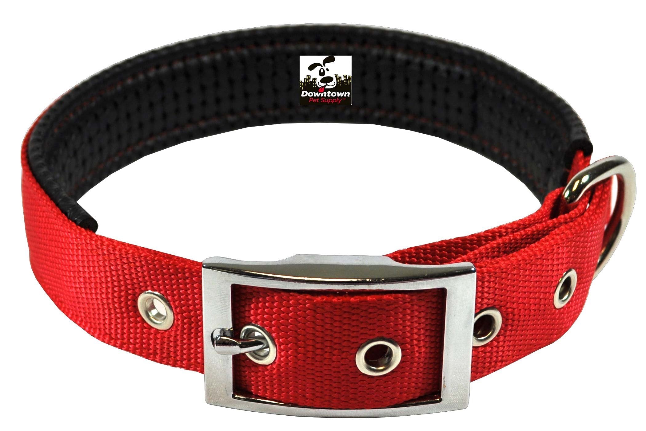 Downtown Pet Supply Deluxe Padded Dog Collar - Medium, Red, Nylon, Buckle, Water Resistant, Adjustable, Machine Washable, Dog Collar