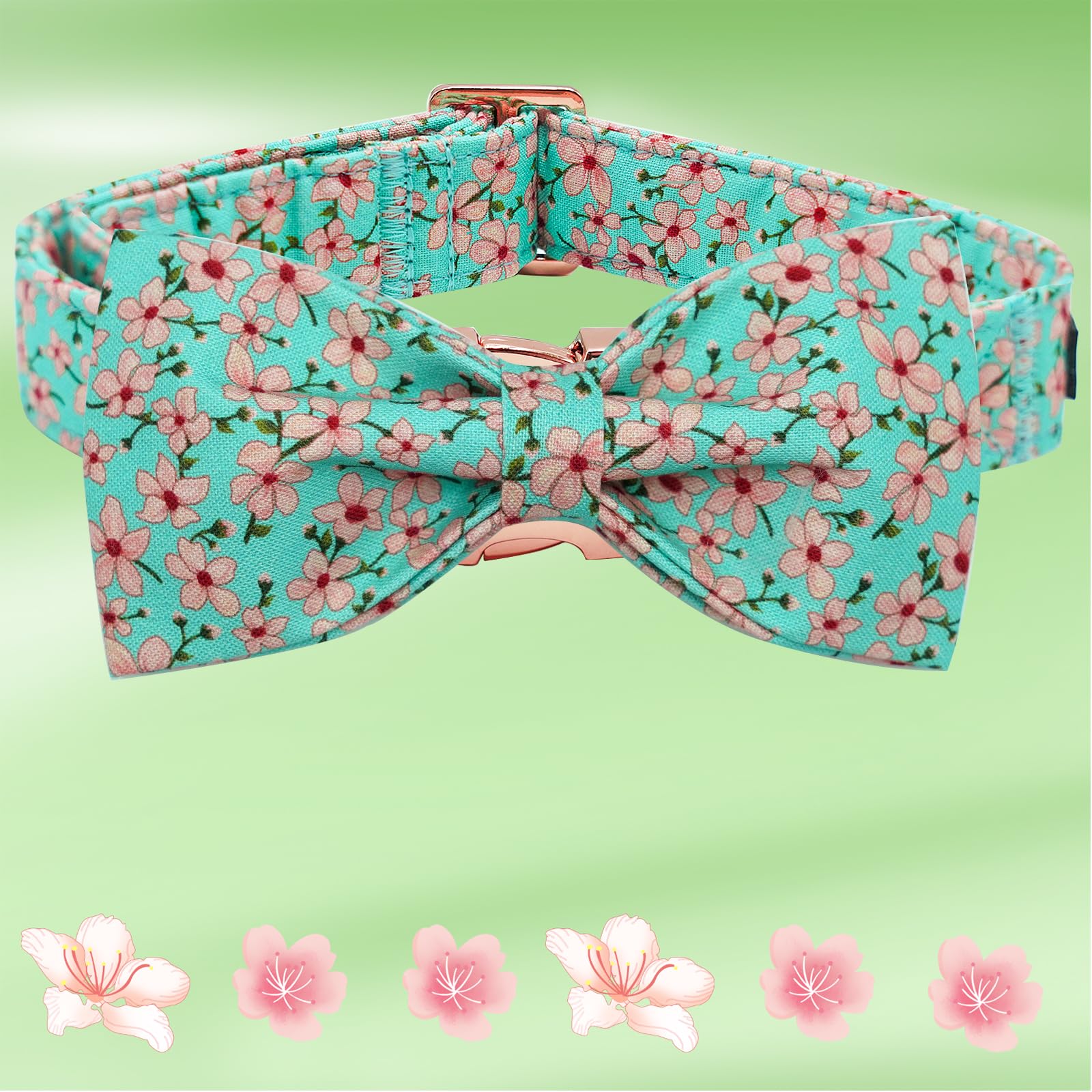 Elegant little tail Dog Collar, Spring Pet Collar with Bow Dog Durable Pink Flower Print Dog Collars Girl Pet Gift Adjustable Do