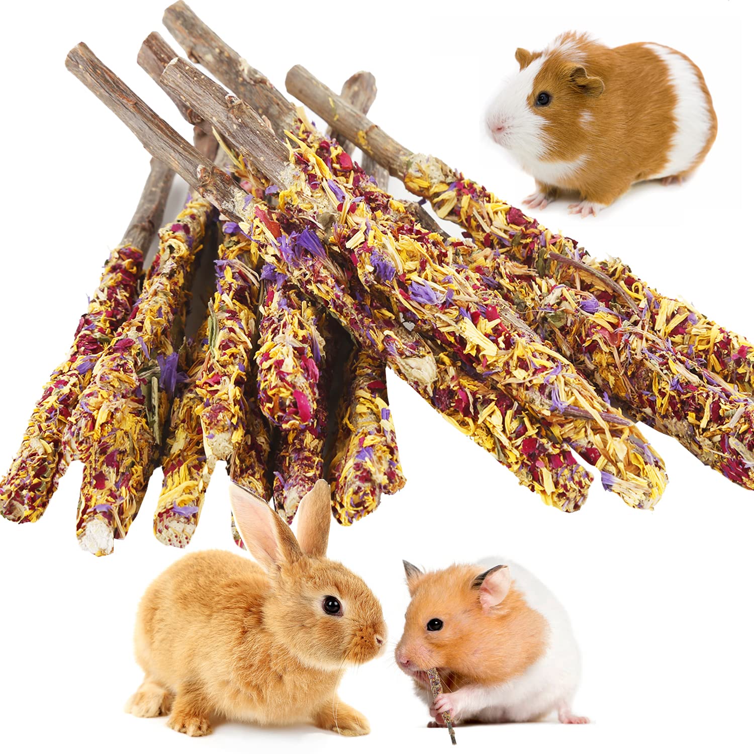 Abizoo Bunny Chew Toys for Rabbits,18PCS Natural Apple Wood Sticks with Petals Good for Chinchillas Guinea Pig Hamster Teeth Car