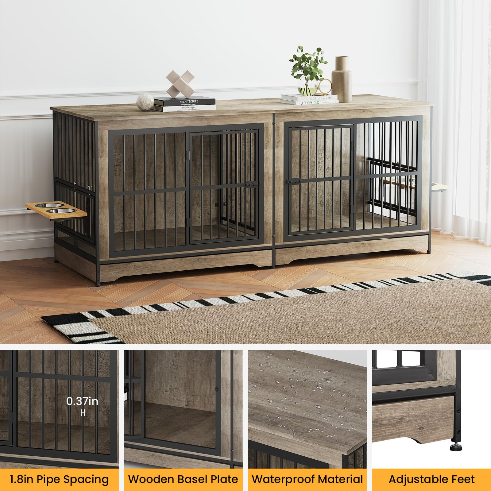 Yafylly 78 Double Dog Crate Furniture, XL Double Dog Kennel with 360 Rotating and Adjustable Height Dog Bowl Holder (4 Bowls),