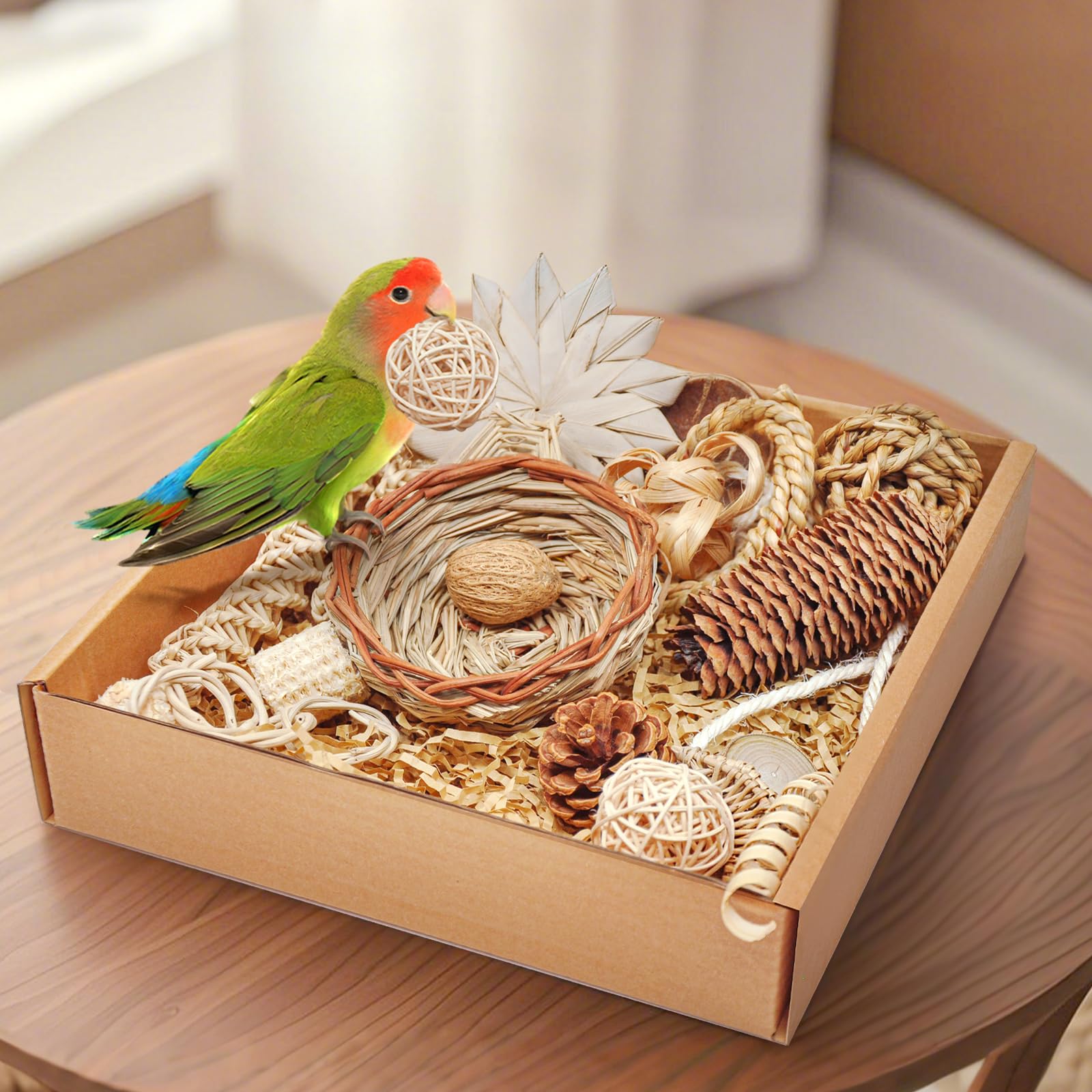 HOSUKU Natural Bird Foraging & Shredding Toys Box - Handmade Rattan Chewing Toys for Parakeets, Cockatiels, Conures, Lovebirds &