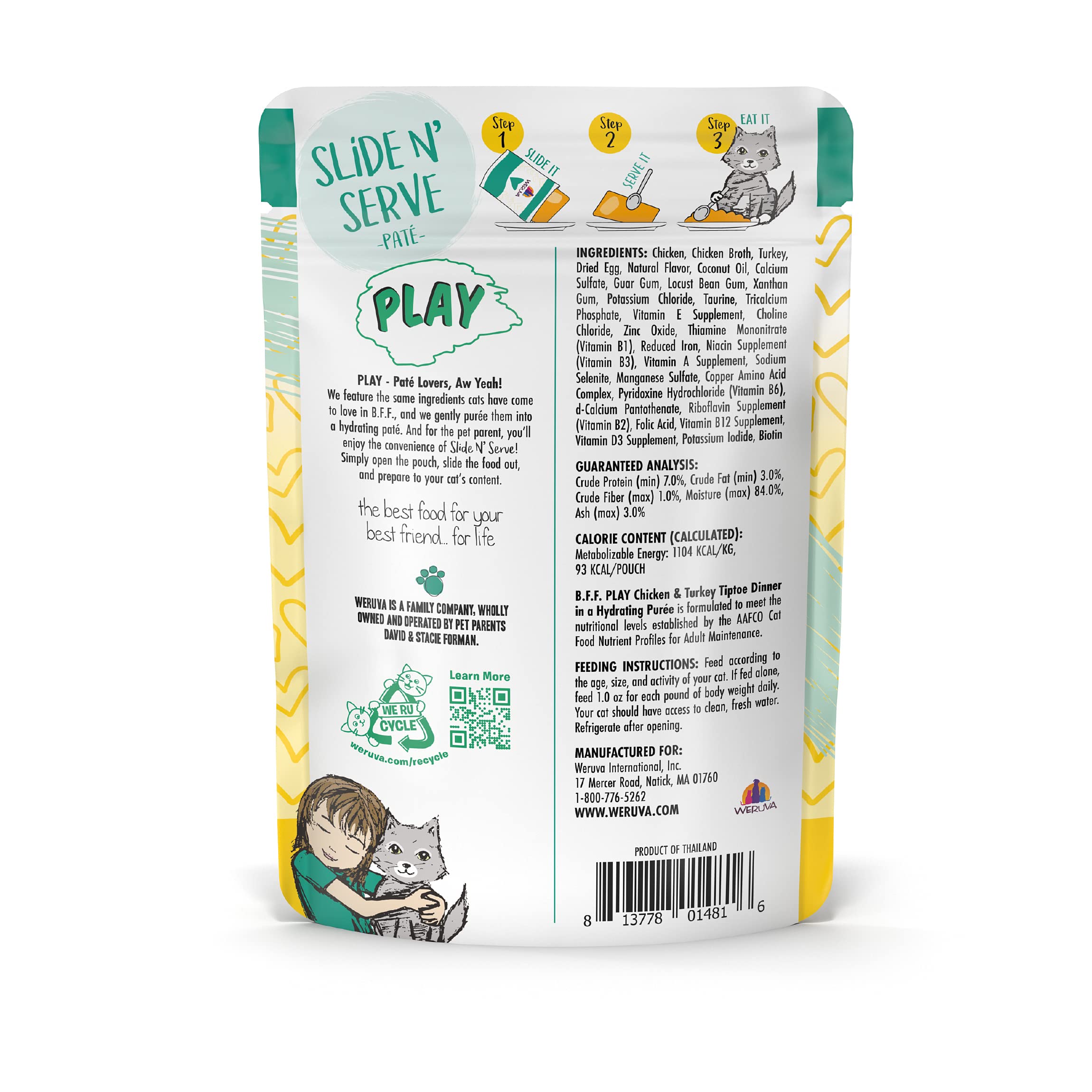 B.F.F. PLAY - Best Feline Friend Pat   Lovers, Aw Yeah!, Chicken & Turkey Tiptoe with Chicken & Turkey, 3oz Pouch (Pack of 12)