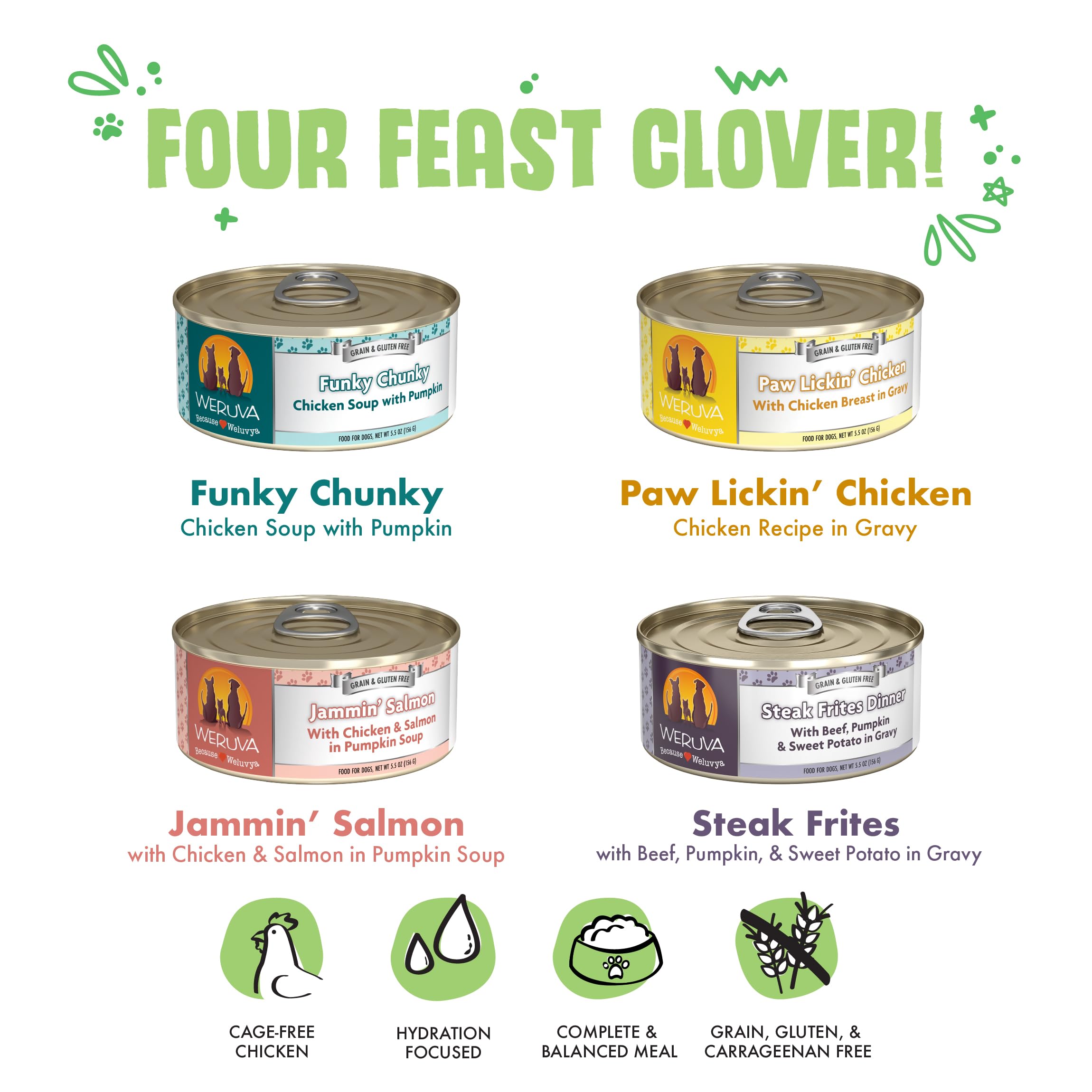 Weruva Classic Dog Food, Four Feast Clover Trial Variety Pack, 5.5oz Can, Pack of 4