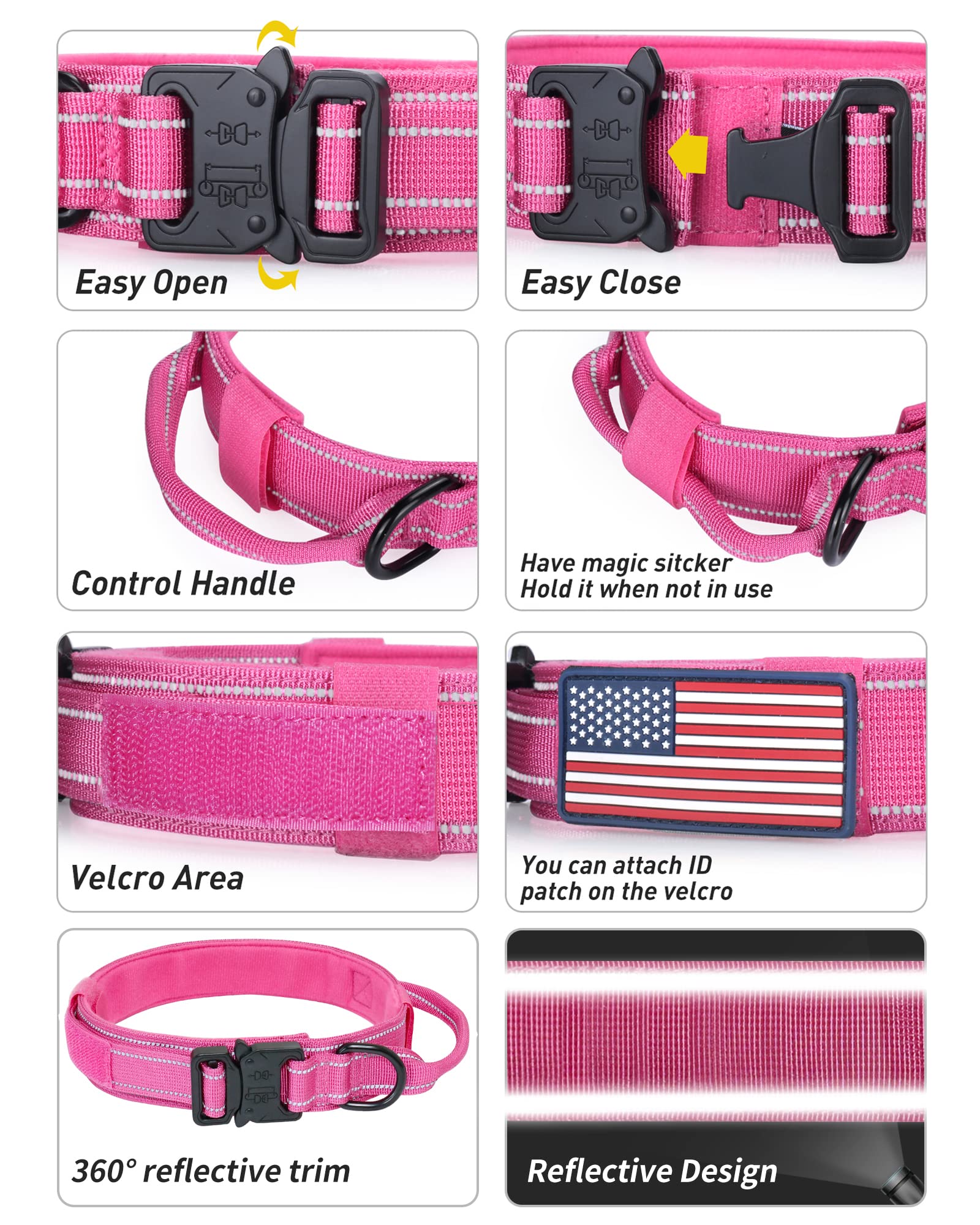 Aubell Reflective Dog Collar, Tactical Dog Collar Adjustable Military Nylon Collars With Handle And Heavy Duty Metal Buckle For Medium Large Dogs, With 2 Patches And Airtag Case Holder (Hotpink, Xl)