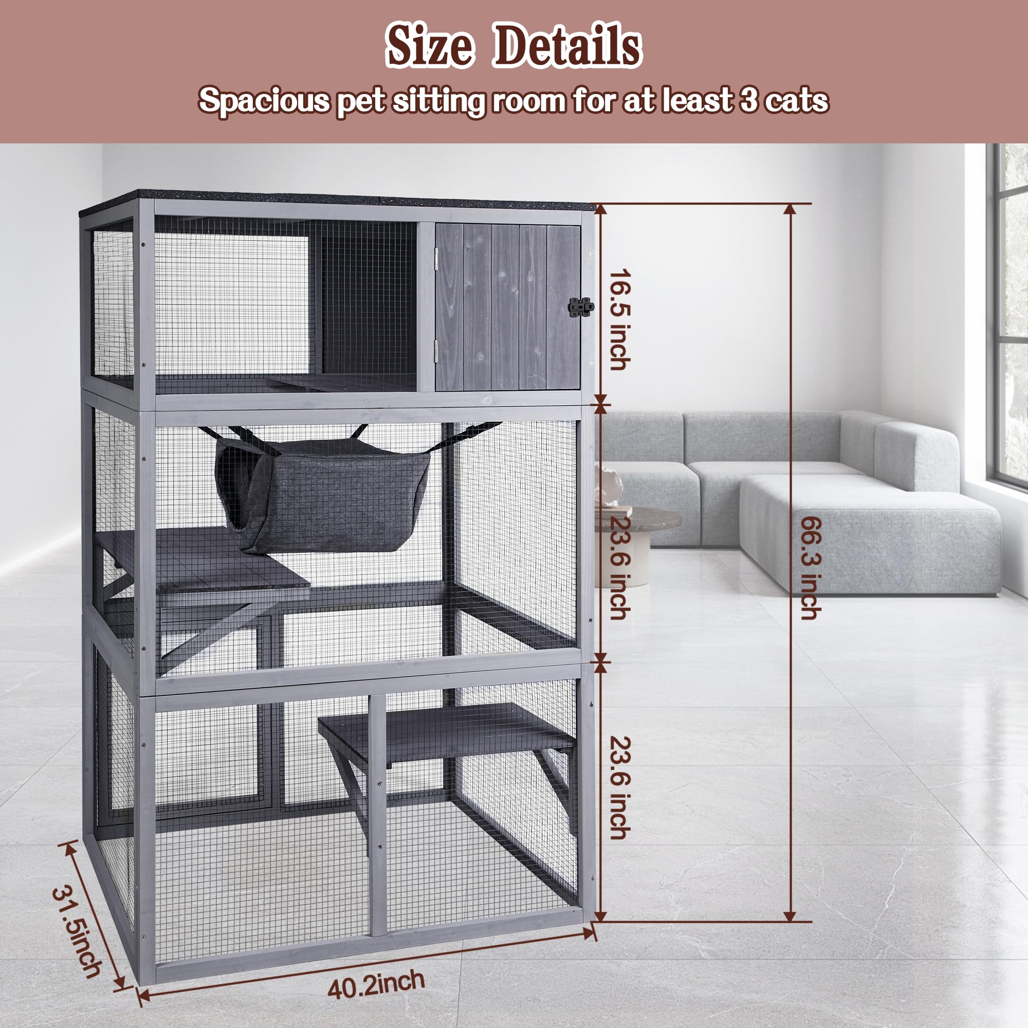 Wooden Cat House Outdoor Cat Enclosure With 3 Floors And Weatherproof Roof Indoor Large Cat Catio For Cats With Hammock & Resting Box