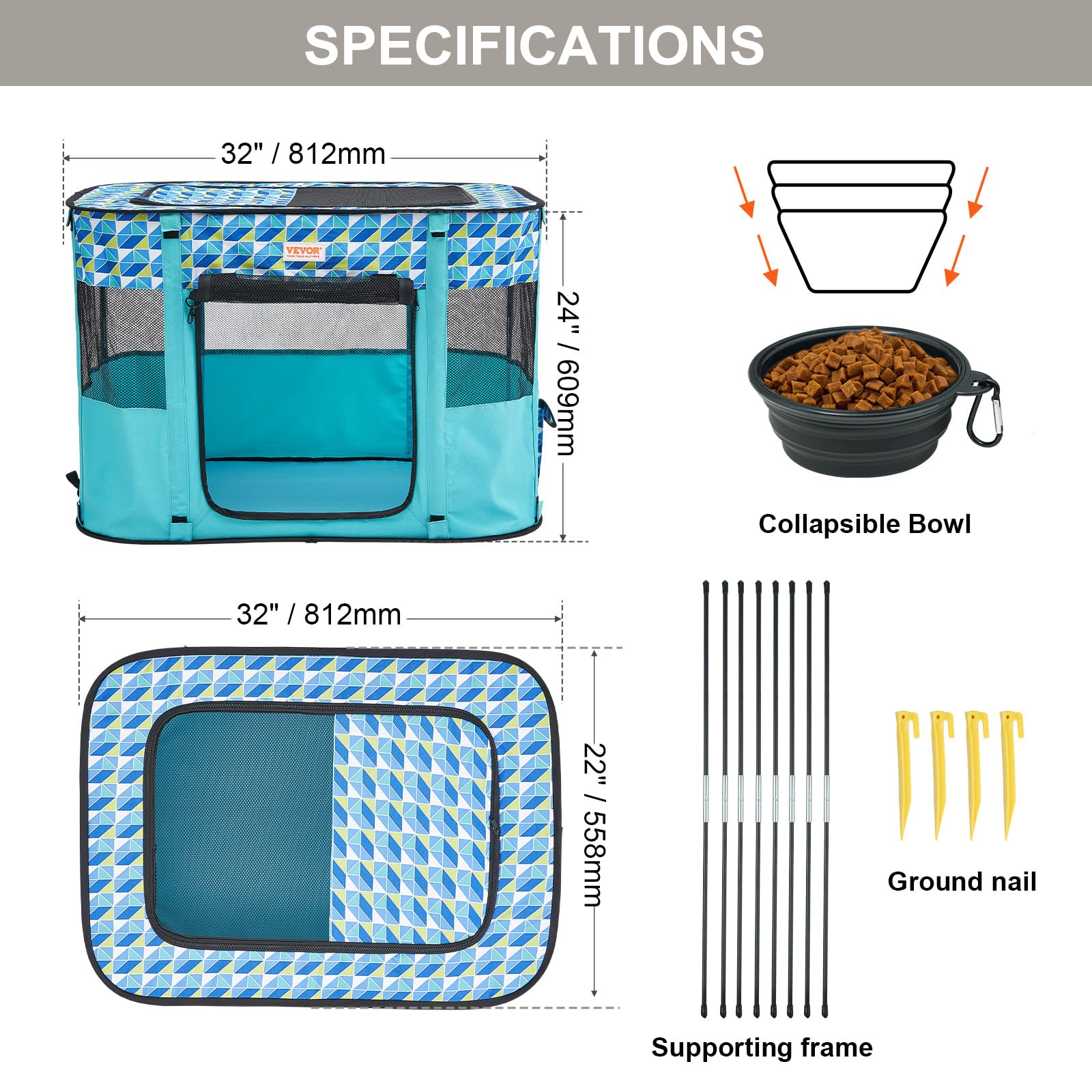 VEVOR Foldable Pet Playpen, 32 x 24 x 22 Portable Dog Playpen, Crate Kennel for Puppy, Dog, Cat, Waterproof 600D Oxford Cl
