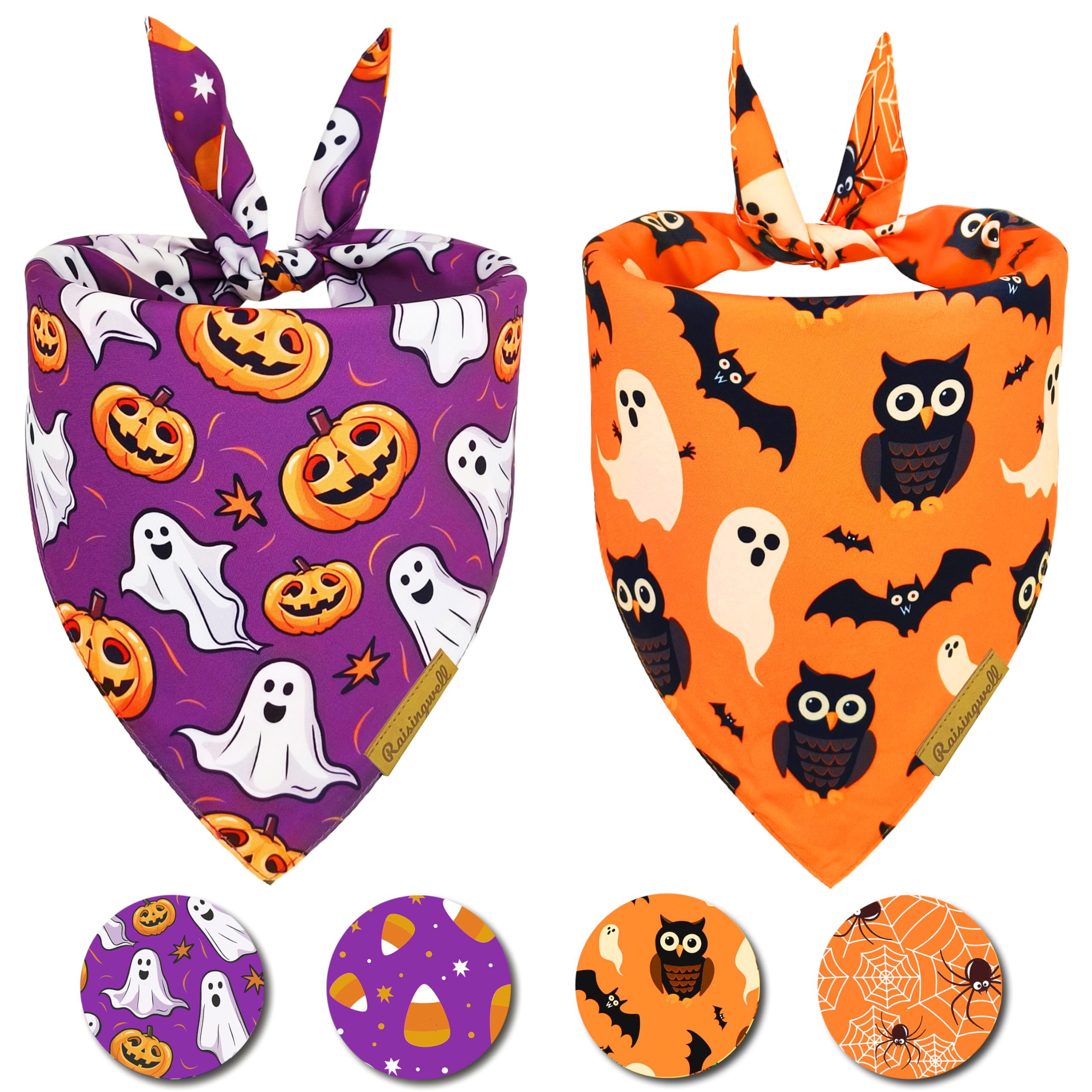 Raisingwell Halloween Dog Bandanas 2 Pack 4 Pattern Ghost Spider Pumpkincandle Bibs Reversible Washable Durable Fall Scarf Suita