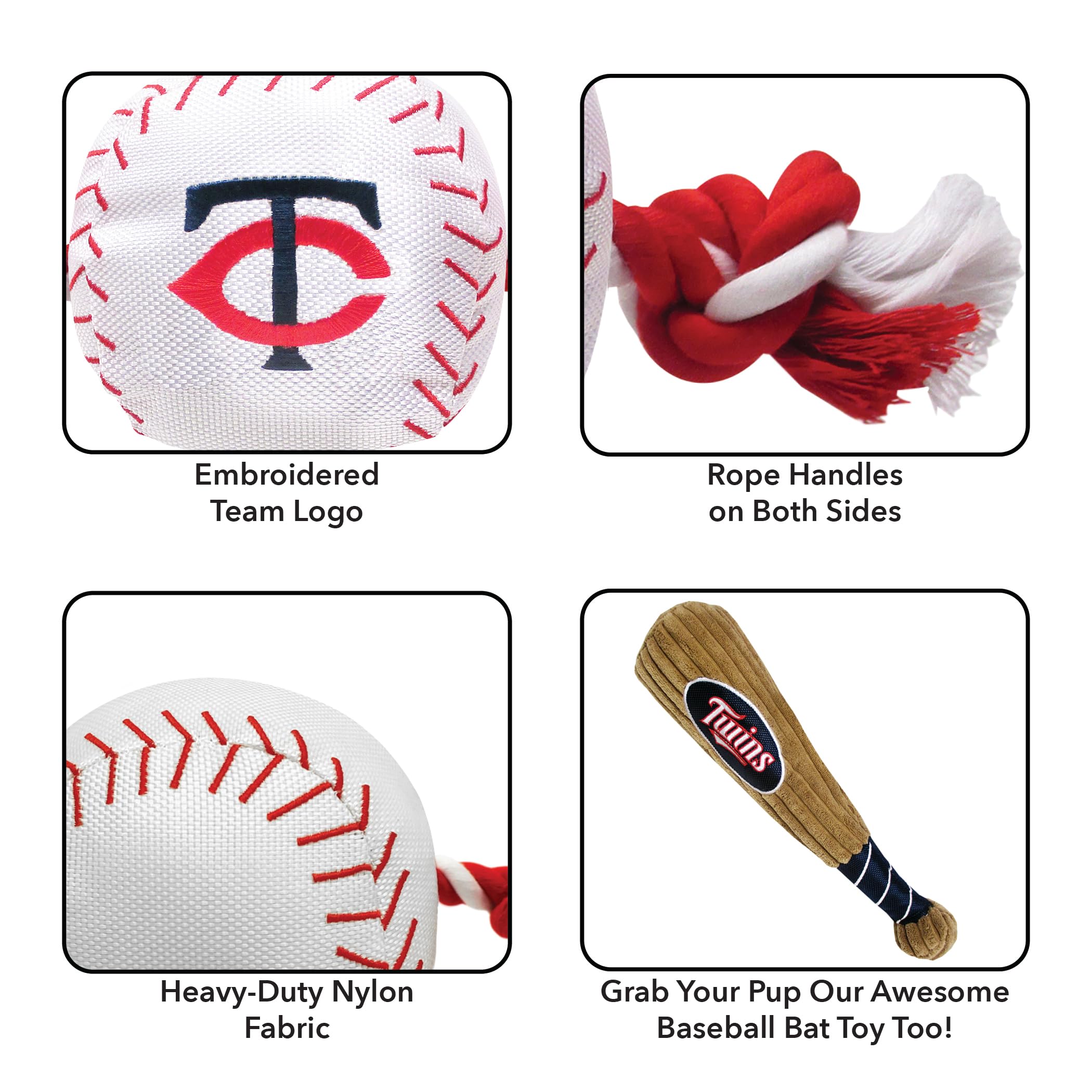 Mlb Minnesota Twins Baseball Rope Toy For Dogs & Cats. Tough Nylon, Sporty Baseball Design, Heavy-Duty Ropes With Inner Squeaker