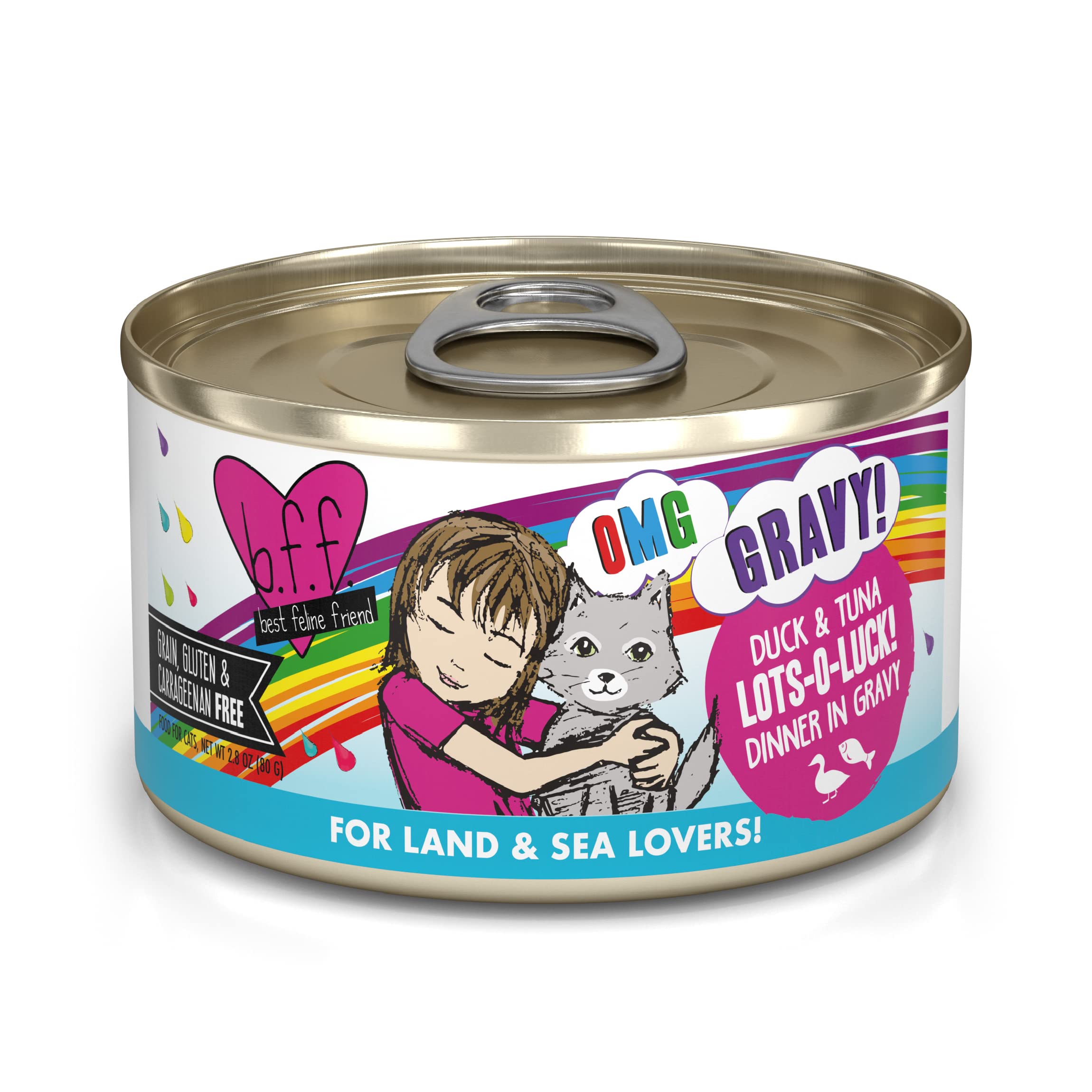 Weruva B.F.F. OMG - Best Feline Friend Oh My Gravy!, Lots-O-Luck! with Duck & Tuna in Gravy Cat Food, 2.8oz Can (Pack of 12)