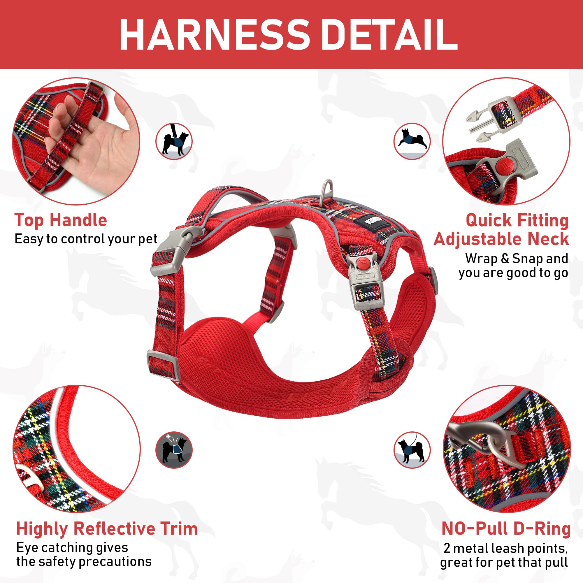 GAMUDA Dog Harness Set - Adjustable No Choke Vest for Medium Dogs, Cats, & Small Animals, Reflective Plaid, Red, Size L