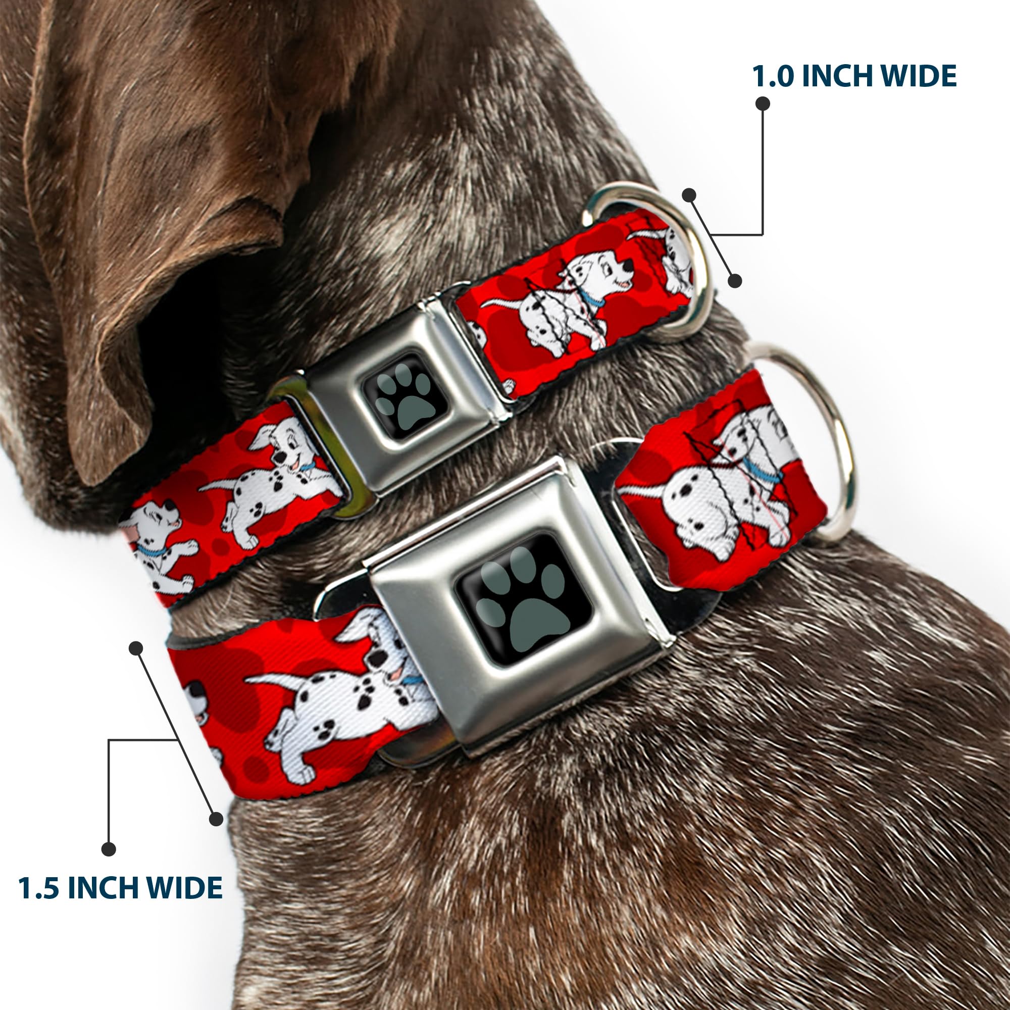 Buckle-Down Seatbelt Buckle Dog Collar - Dalmatians Running/Paws Reds/White/Black - 1.5 Wide - Fits 18-32 Neck - Large