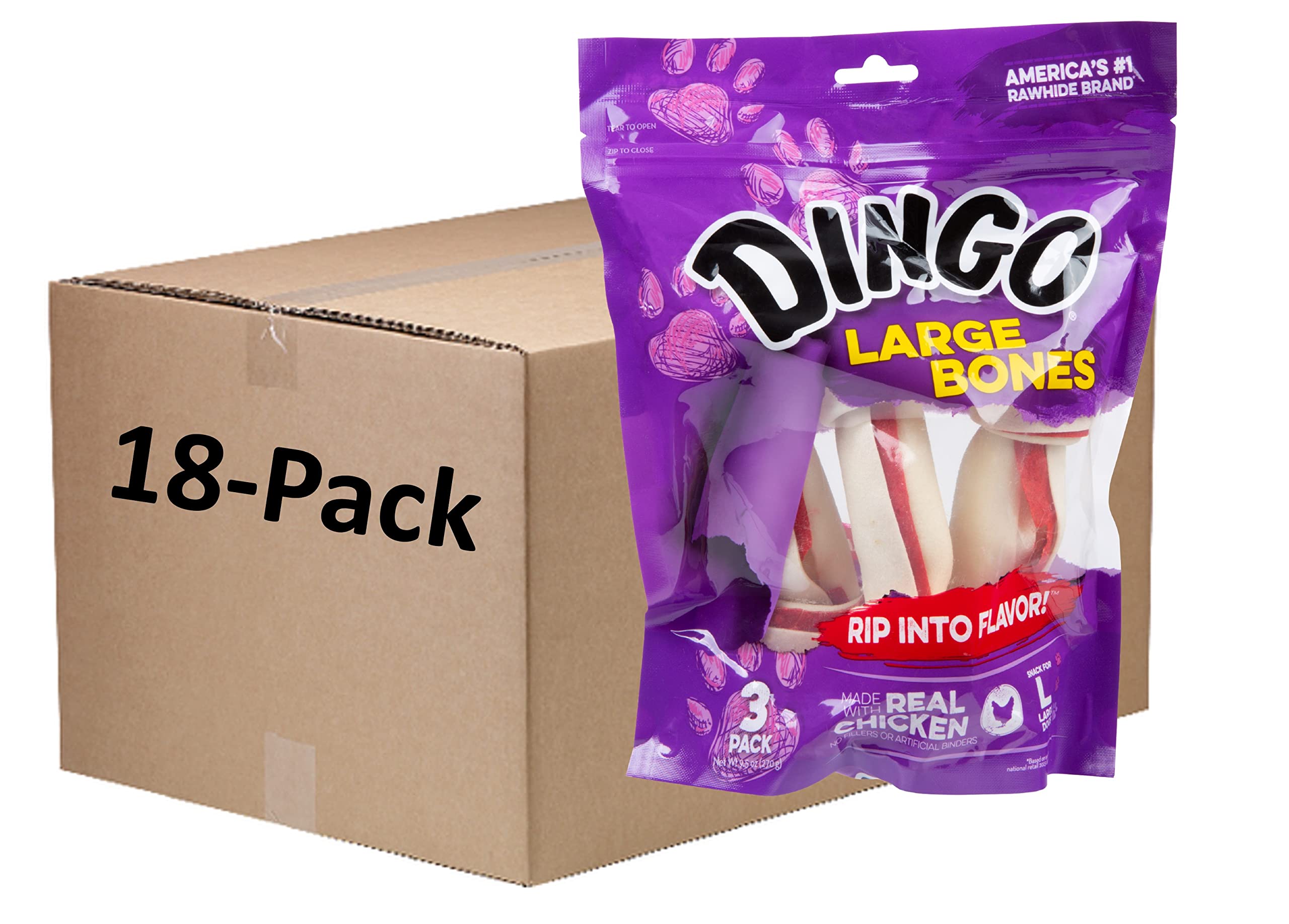 Dingo P-95008 18 Count Rawhide Bone, Large, One Size 3 Count (Pack of 6)