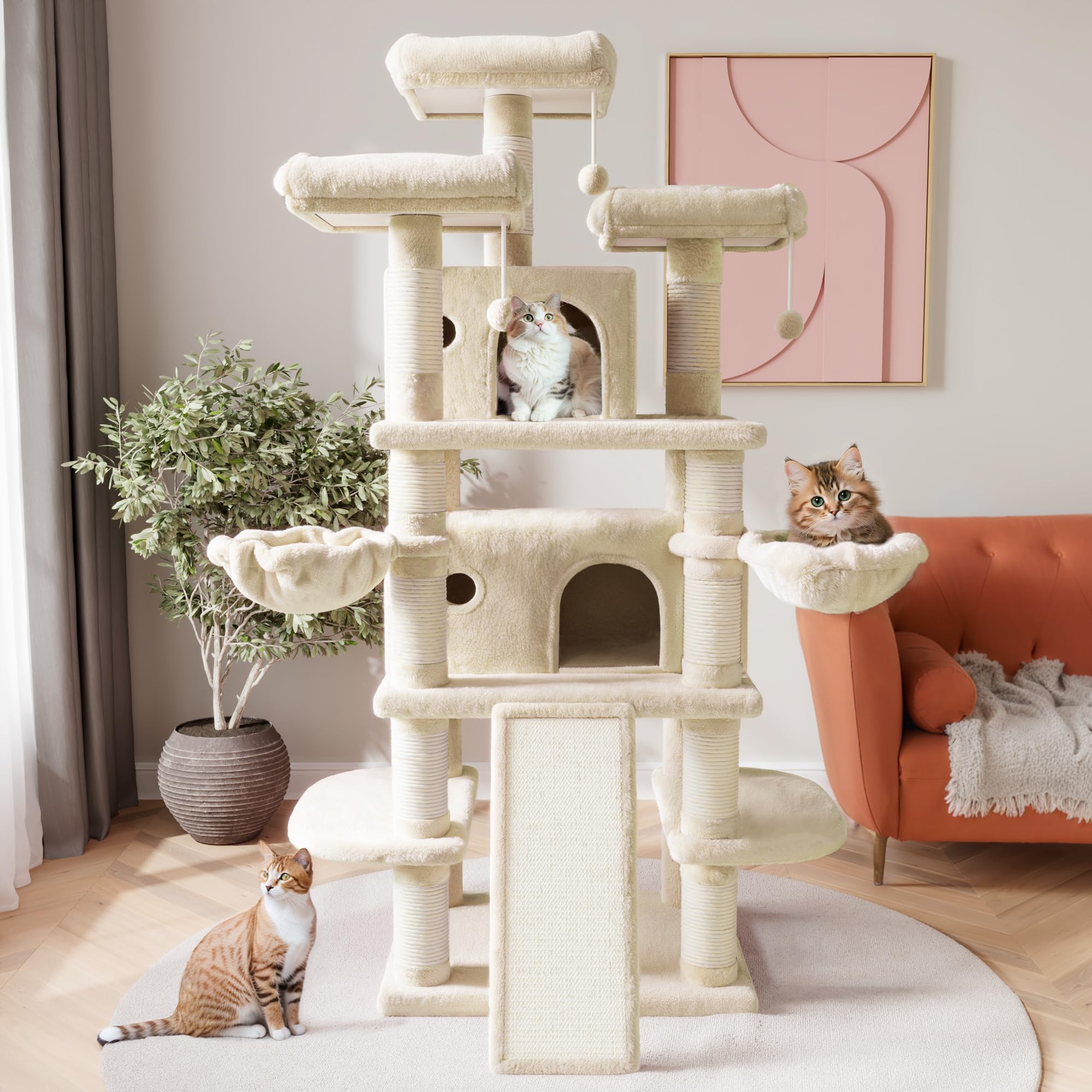 Sha Cerlin 68 Inches Multi-Level Large Cat Tree For Large Kitties/Big Cat Tower With Condo/Cozy Plush ‌Pussycat Perches/Sisal Scratching Posts And Hammocks/Activity Center/Beige