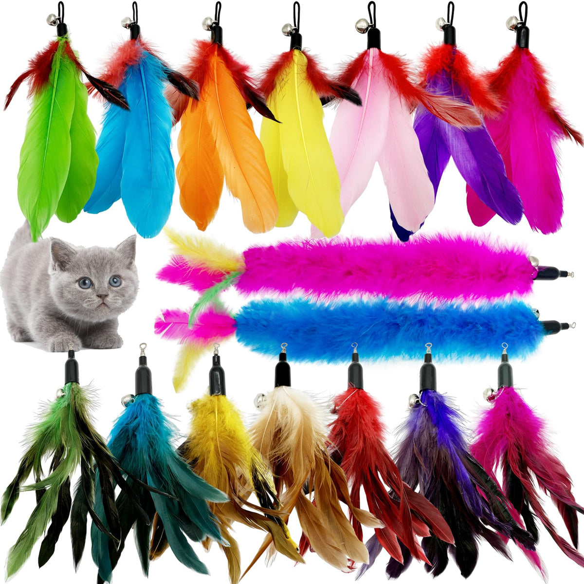Cateneed Cat Feather Toys Refill, 16 Pieces Cat Wand Replacement Feathers Toy For Indoor Cats