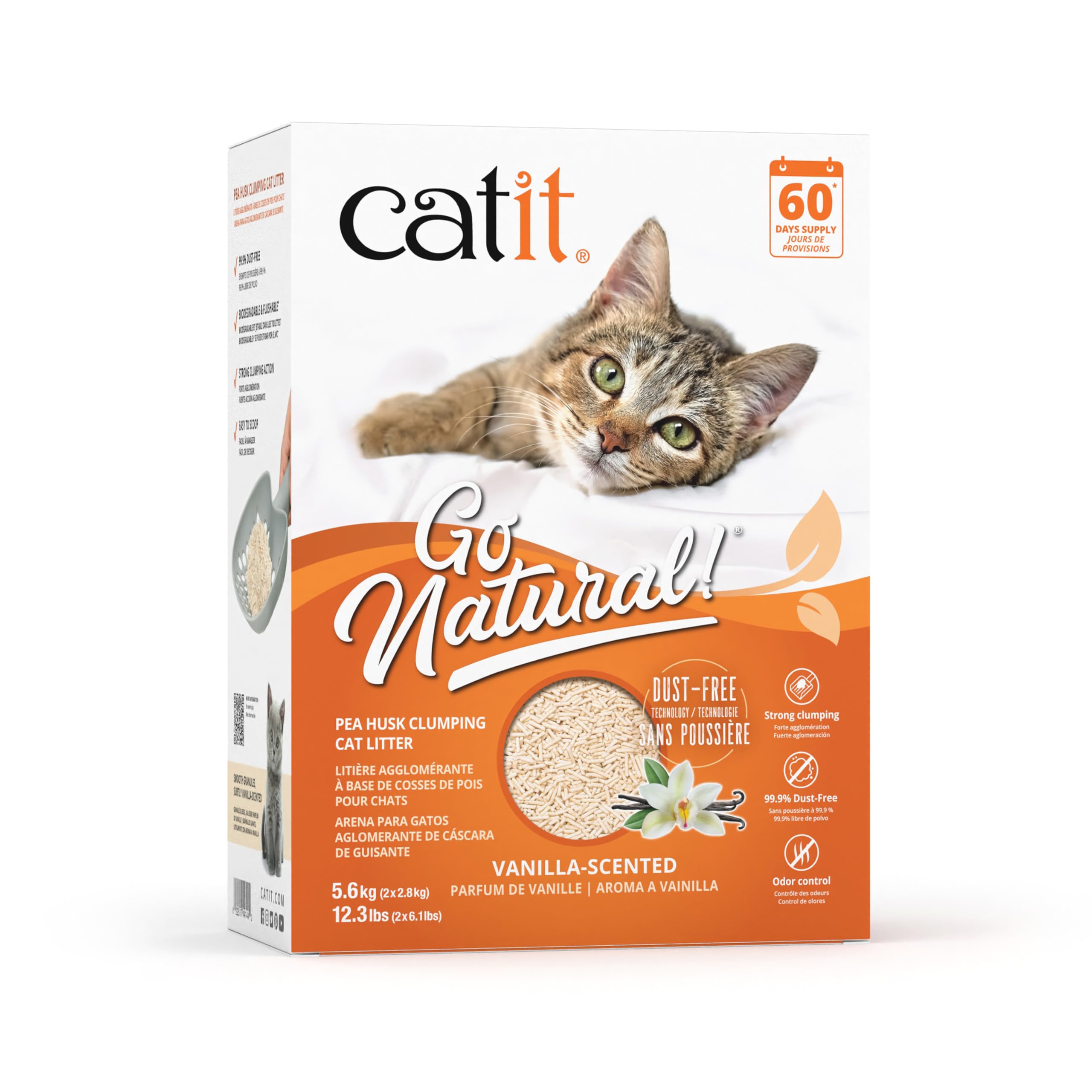 Catit - Go Natural Pea Husk Clumping Cat Litter - Lightweight, Dust Free, Easy Cleaning & Scooping, Flushable Kitty Litter With Odor Control & Subtle Fragrance - 12.3 Lbs, Vanilla Scented