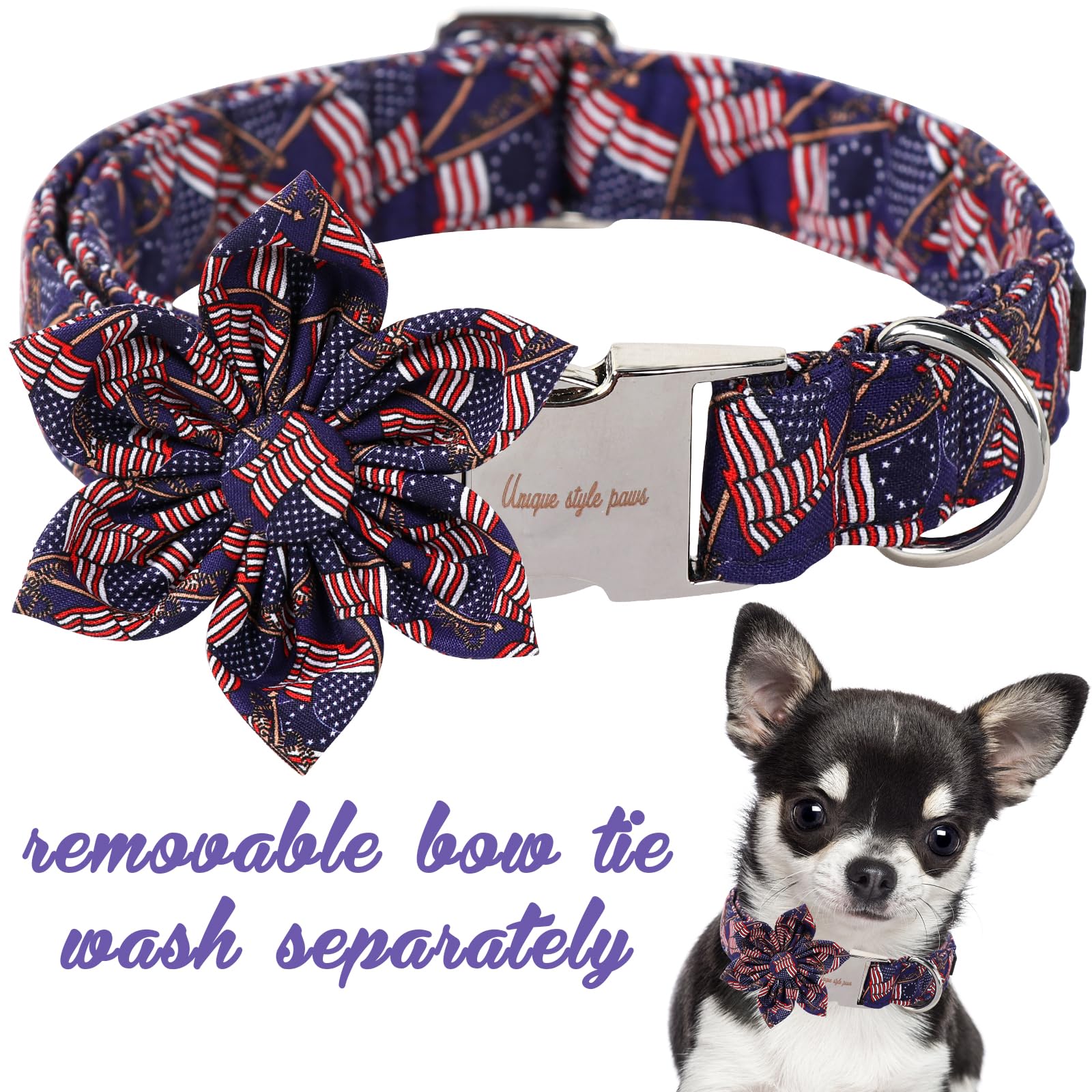 Unique Style Paws 4Th Of July Dog Collar With Bow American Flag Dogs Collar With Bow Tie Adjustable Patriotic Dog Collars For Sm