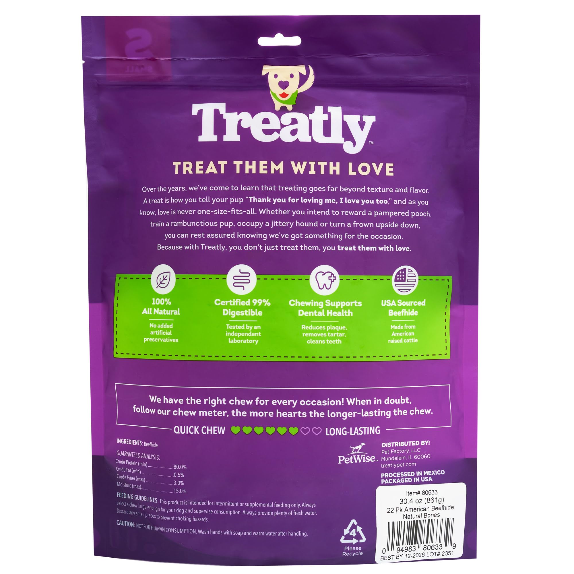 Treatly American Sourced Beefhide Bones 4-5 Dog Chew Treats - Natural Flavor, 22 Count/1 Pack