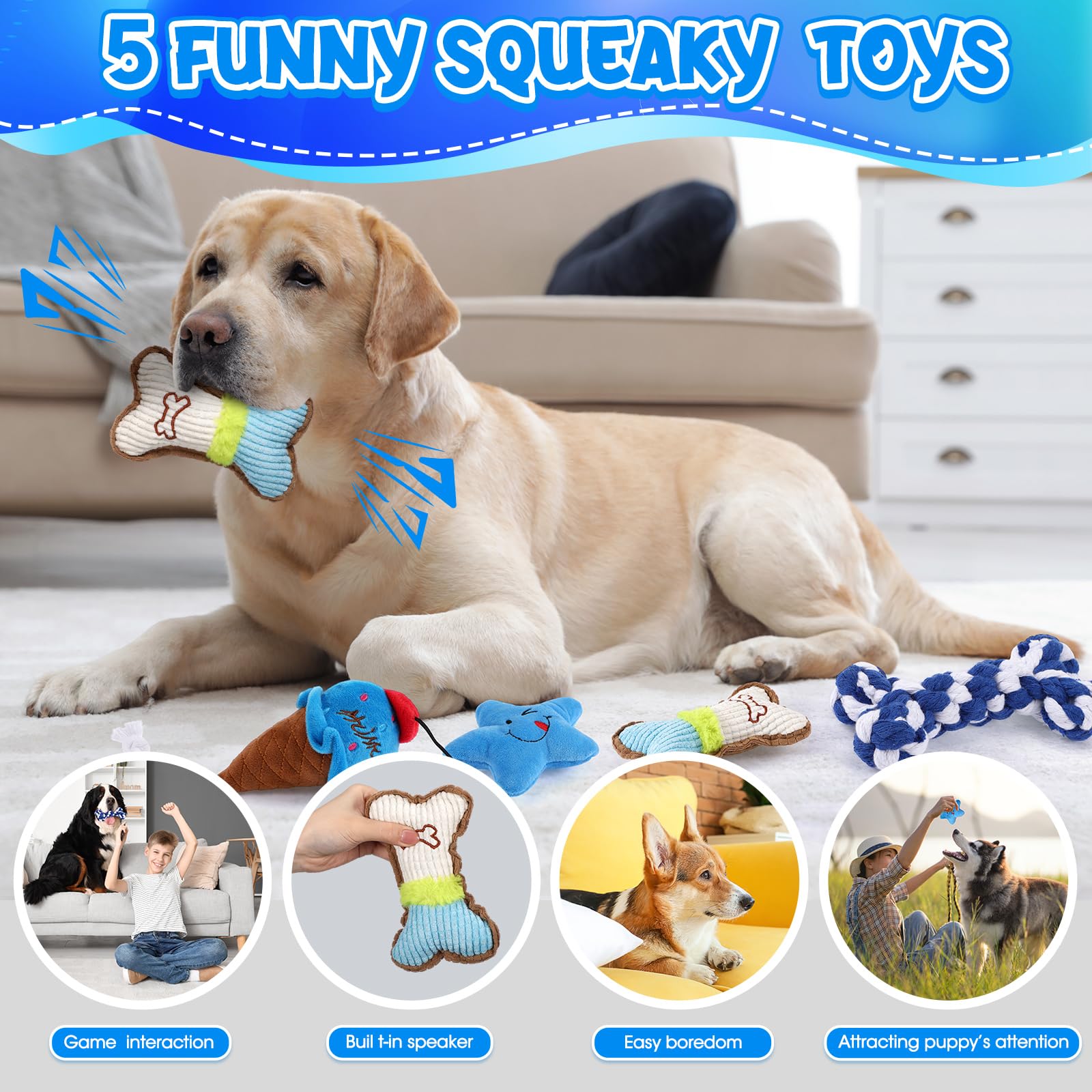 Vinsot 12 Pack Large Dog Chew Toys For Aggressive Chewers Blue Teething Toys With Dental Rope Squeaky Balls And Chew Bone For Me