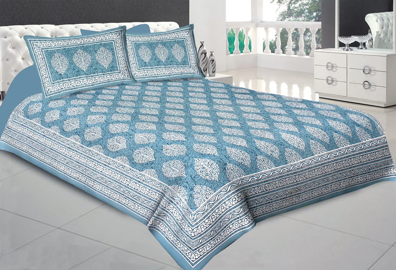 RHF 100% Cotton Rajasthani Jaipuri Print Queen Size Double Bed Bedsheet with 2 Pillow Covers (Multicolored) (2Sky Blue, Double)
