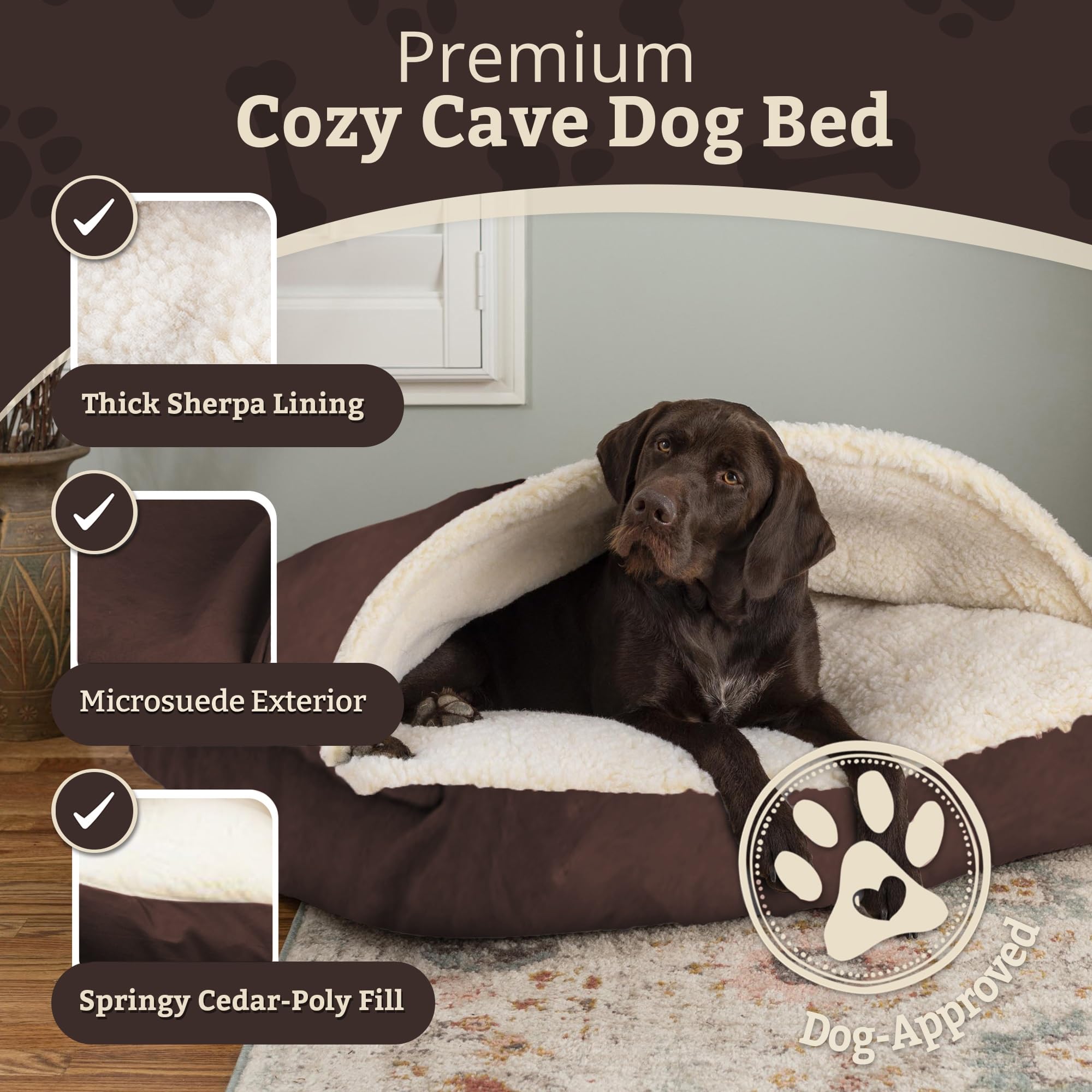 Snoozer Pet Products Luxury Rectangle Cozy Cave Dog Bed With Microsuede, Large, Hot Fudge