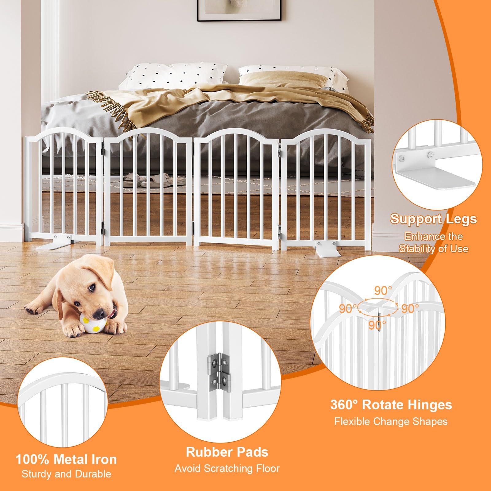 Snughome Freestanding Dog Gate - 16" High, 4 Panel, Expands to 48", Metal, White, Model 0811PSDD