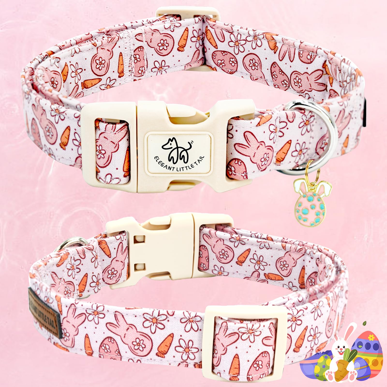 Elegant Little Tail Easter Dog Collar,Bunny Pattern Pet Collar Pink Durable Holiday Female Or Male Adjustable Cotton Pet Collar