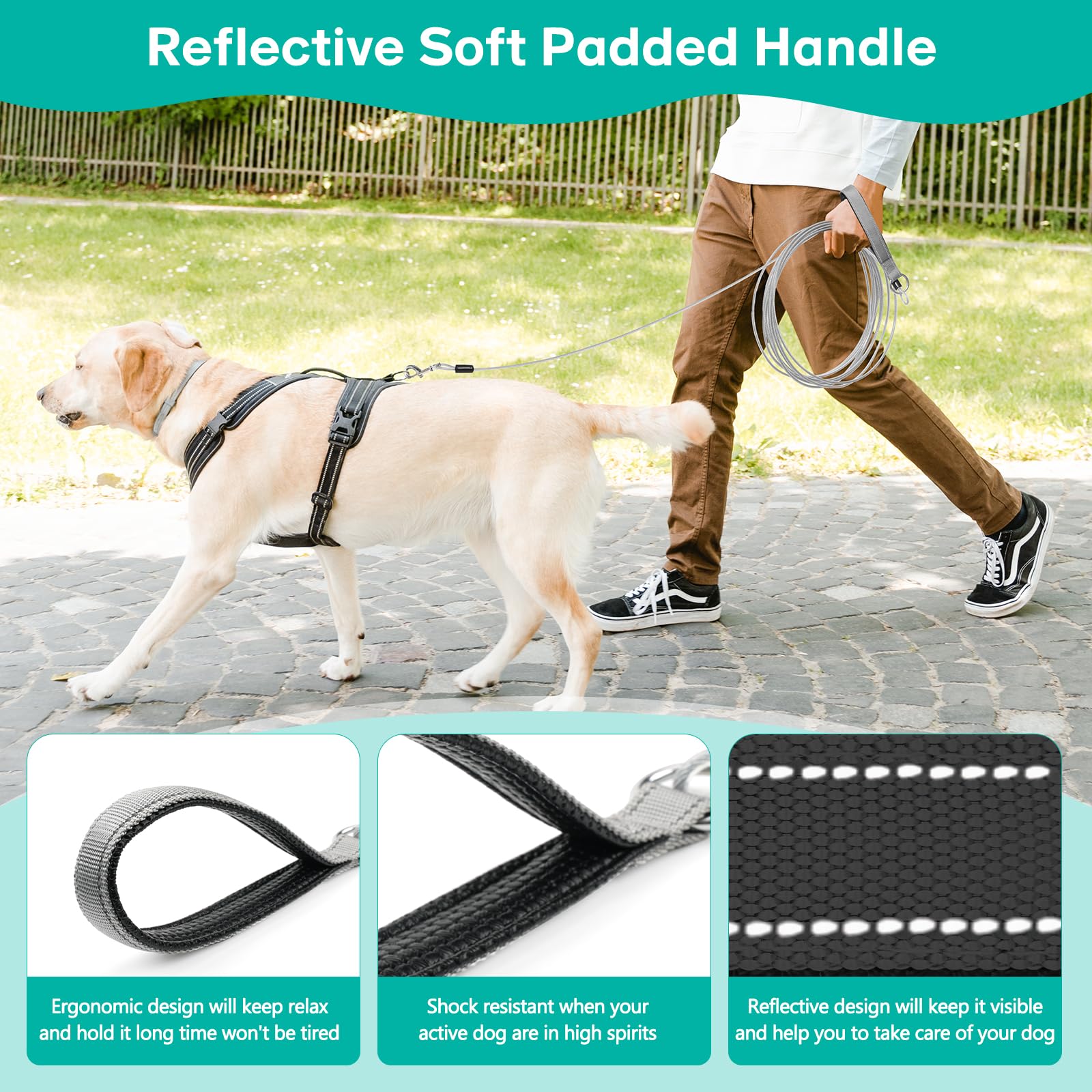 Long Leash Chew Proof, Tie Out Cable For Dogs 10/20/30/50 Ft With Carabiner, Leads For Yard Medium Large Dogs, Padded Handle (Gr