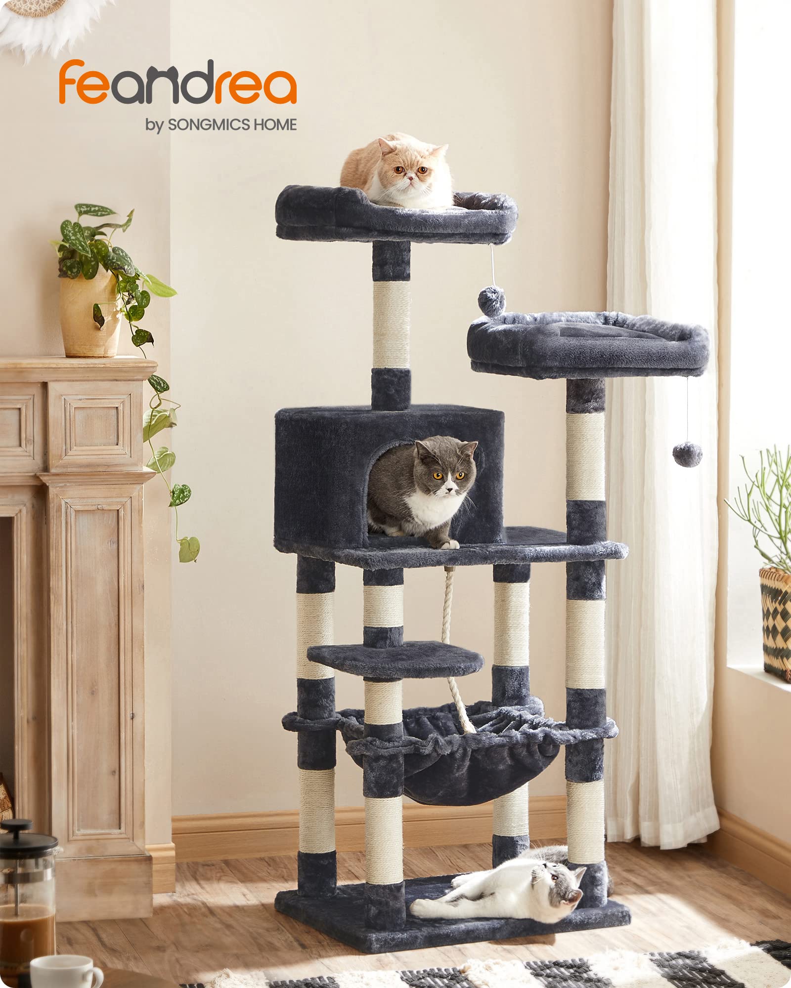 Feandrea Cat Tree, Cat Tower For Indoor Cats, 56.3-Inch Cat Condo With Scratching Posts, Hammock, Plush Perch, Smoky Gray Upct15