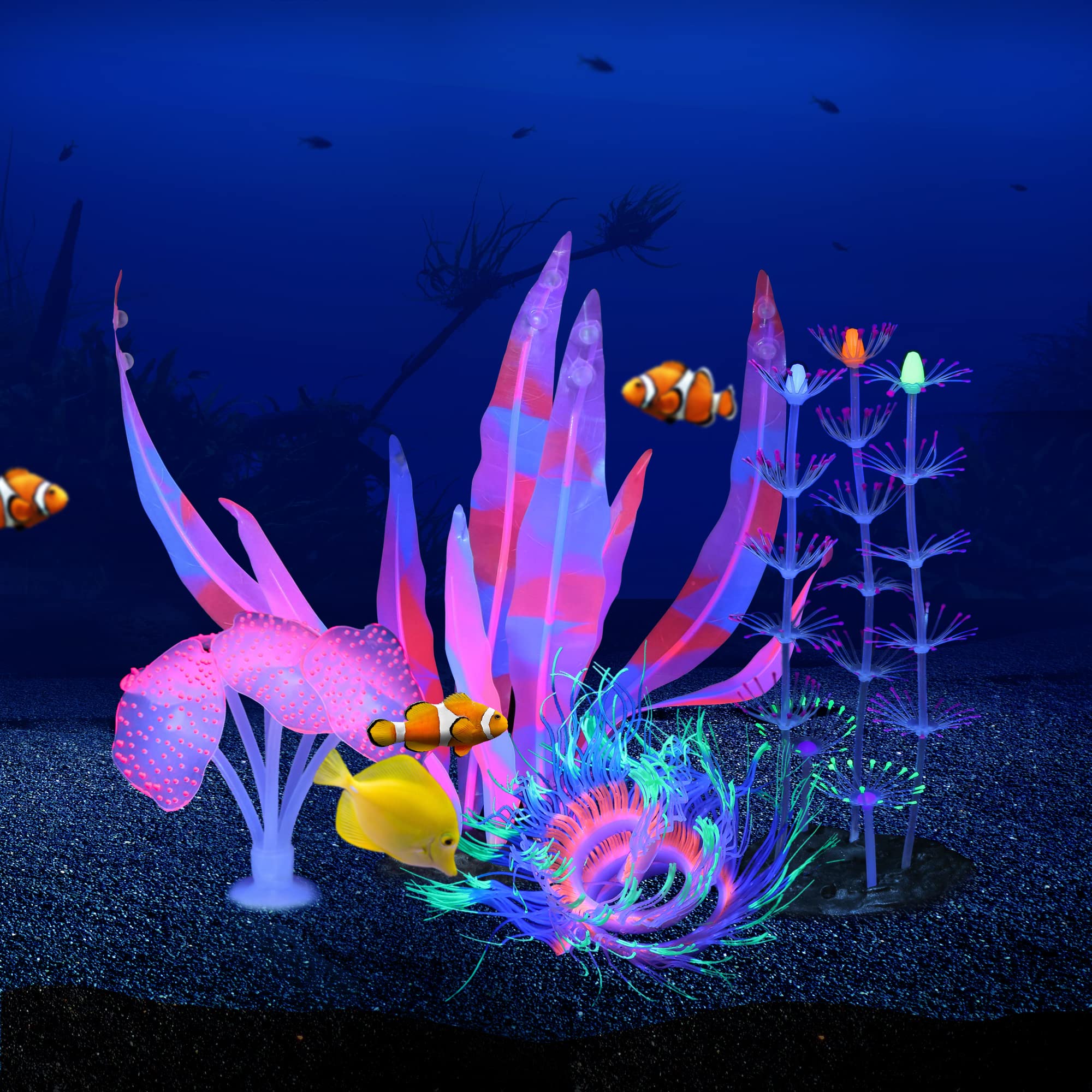 Filhome Glowing Fish Tank Decorations Plants, 4 pcs Glow Aquarium Decorations, Glowing Mushroom Coral Plant Ornaments (Pink Cora