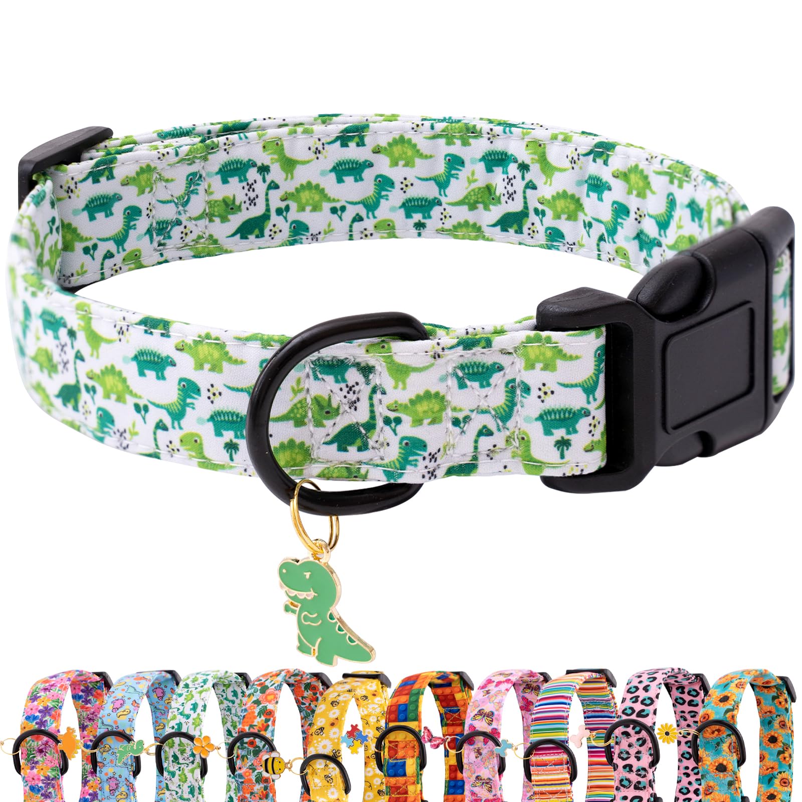 Faygarsle Dog Collar For Small Medium Large Dogs Cute Green Puppy Collars For Male Dogs Dinosaur Patterned Pet Collars For Summe