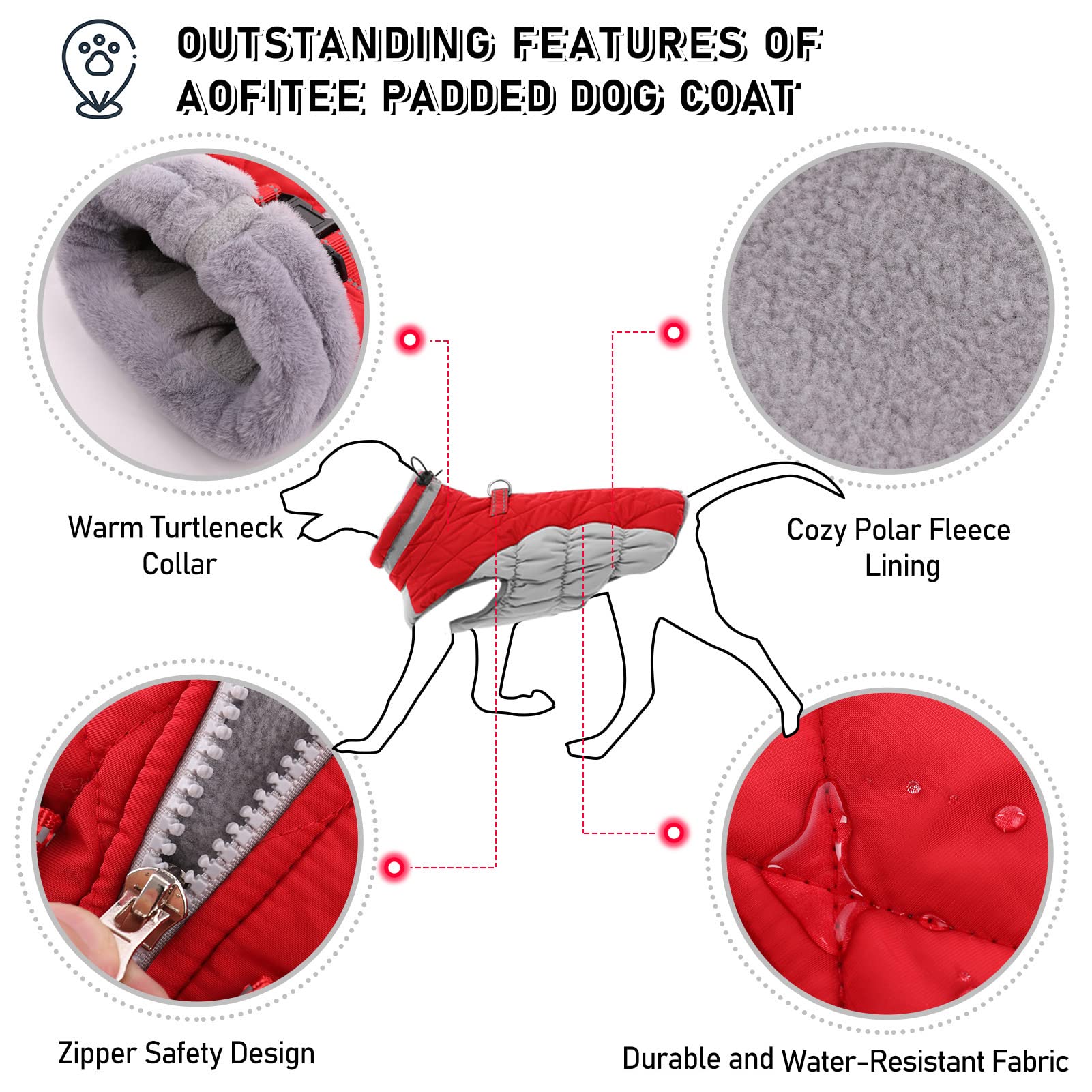 Aofitee Winter Dog Coat Warm Fleece Dog Jacket For Cold Weather, Reflective Zip Up Puppy Dog Sport Vest With Leash Rings, Outdoor Pet Sweater Apparel Clothes For Small Medium Large Dogs, Red S