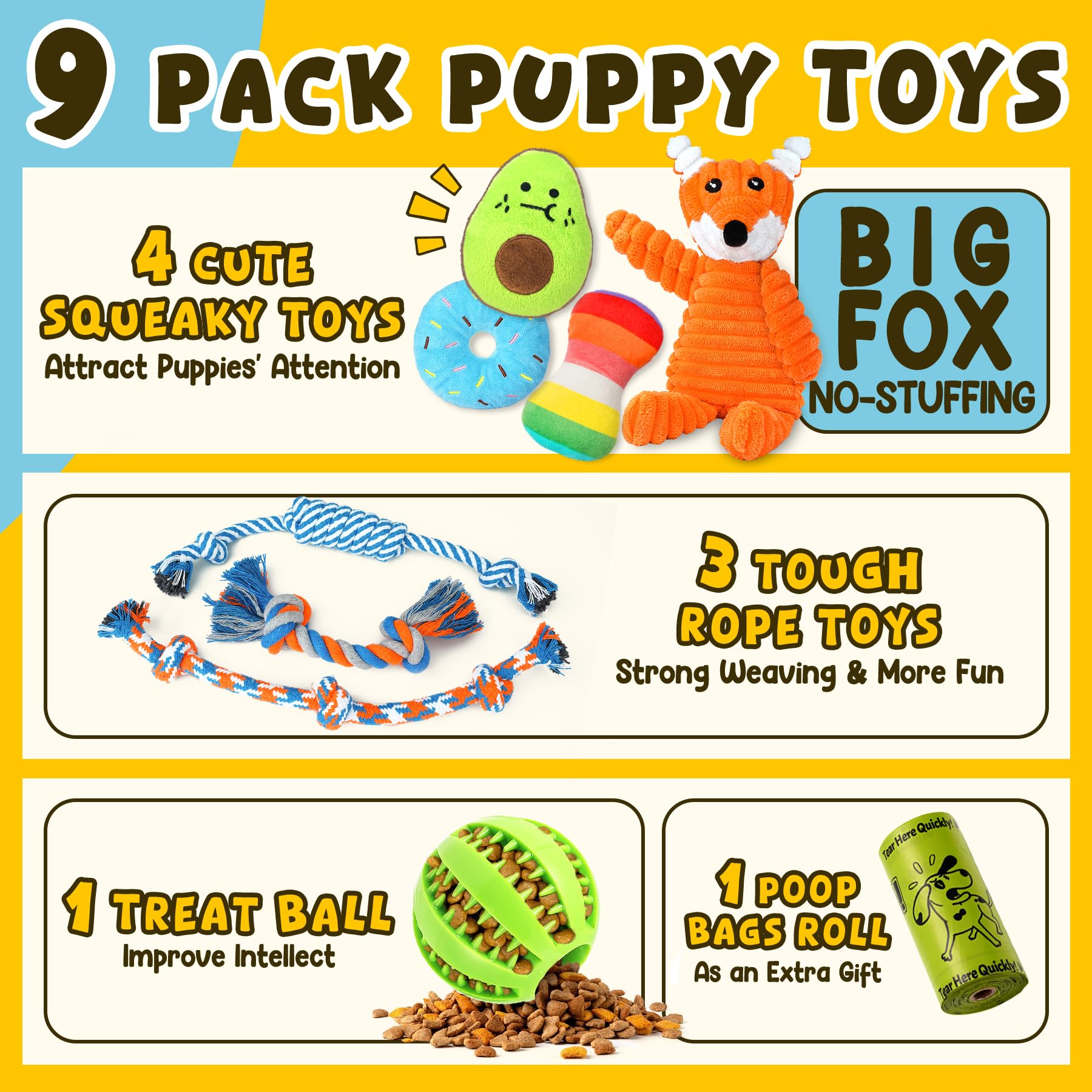 Zeaxuie 9 Pack Luxury Puppy Toys for Teething Small Dogs, Puppy Chew Toys with Cute Squeaky Dog Toys, Ball and More Rope Dog Che