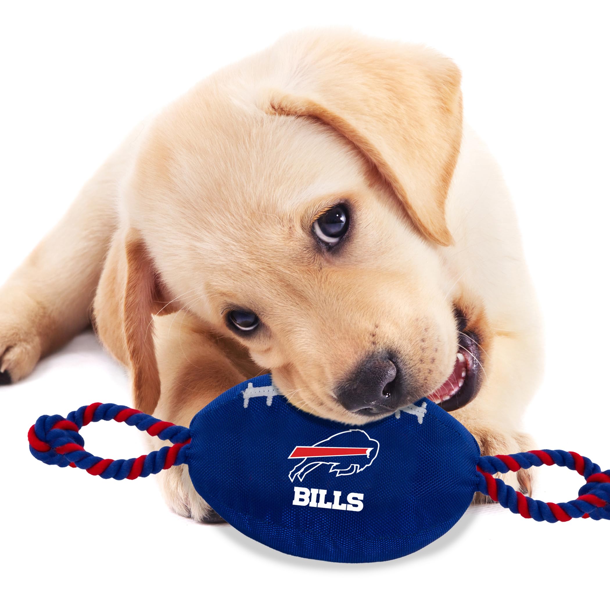 Pets First NFL Buffalo Bills Football Dog Toy, Tough Quality Nylon Materials, Strong Pull Ropes, Inner Squeaker, NFL Team Color